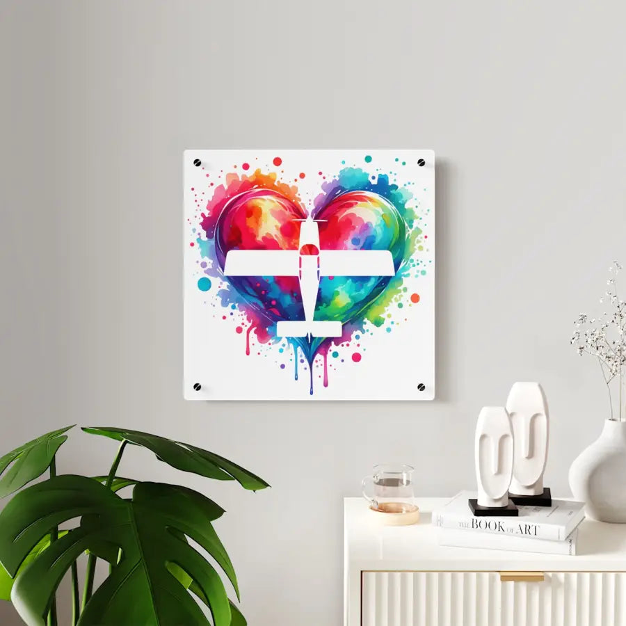 Colorful Airplane Heart Acrylic Wall Art Panel - Perfect for Aviation Lovers & Home Decor - Pilot gifts - WWII warbird