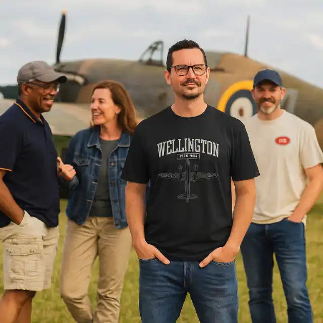 Four adults standing outdoors with an aircraft in the background.