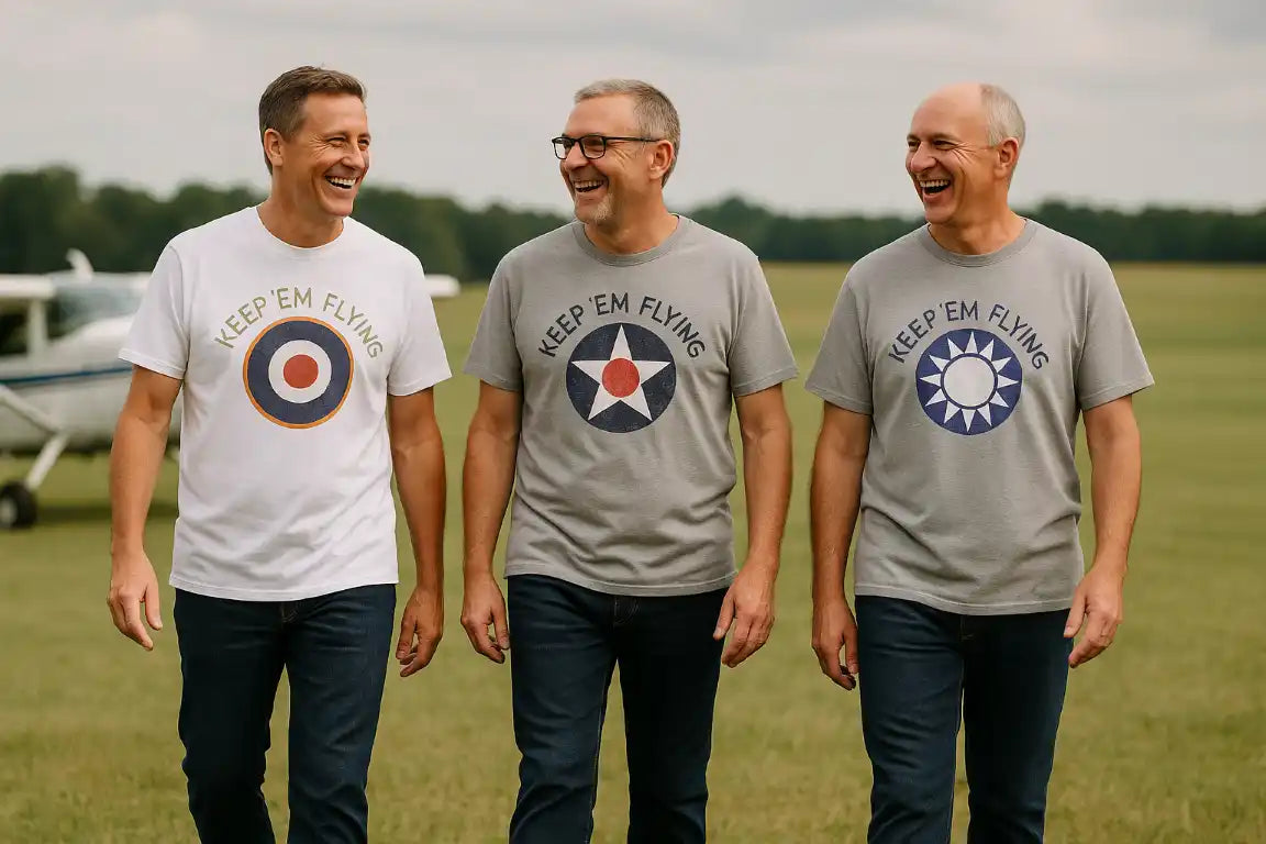 Three men in ’Keep ’Em Flying’ t-shirts.