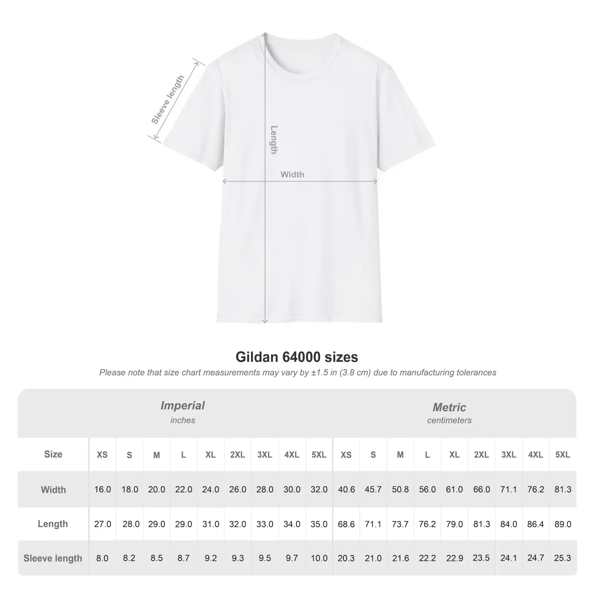 A white t-shirt size chart with imperial and metric measurements for width, length, and sleeve length.