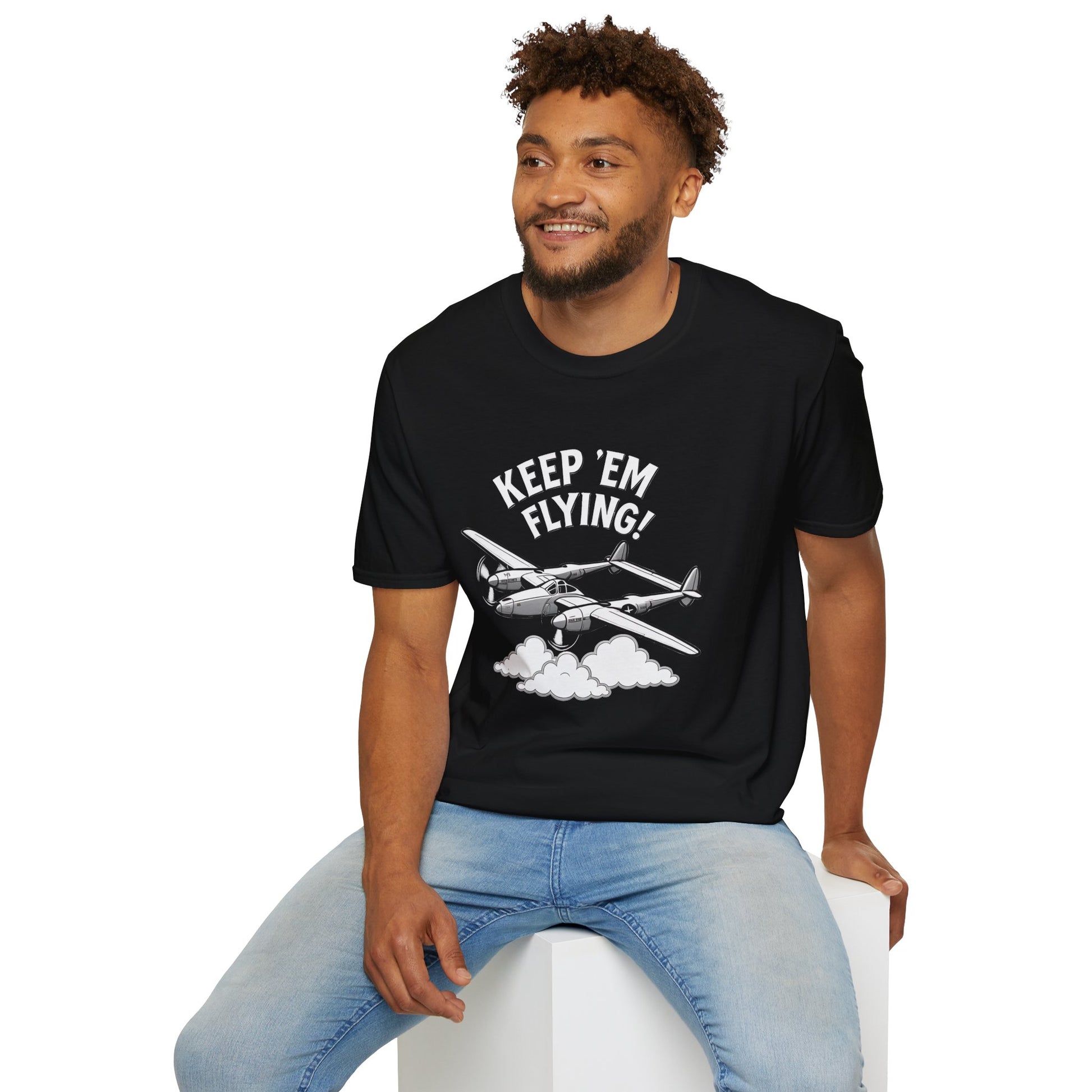 P-38 Premium T-Shirt – “Keep ’Em Flying!” WWII Twin-Boom Fighter Graphic Tee - Pilot gifts - warbird t-shirt