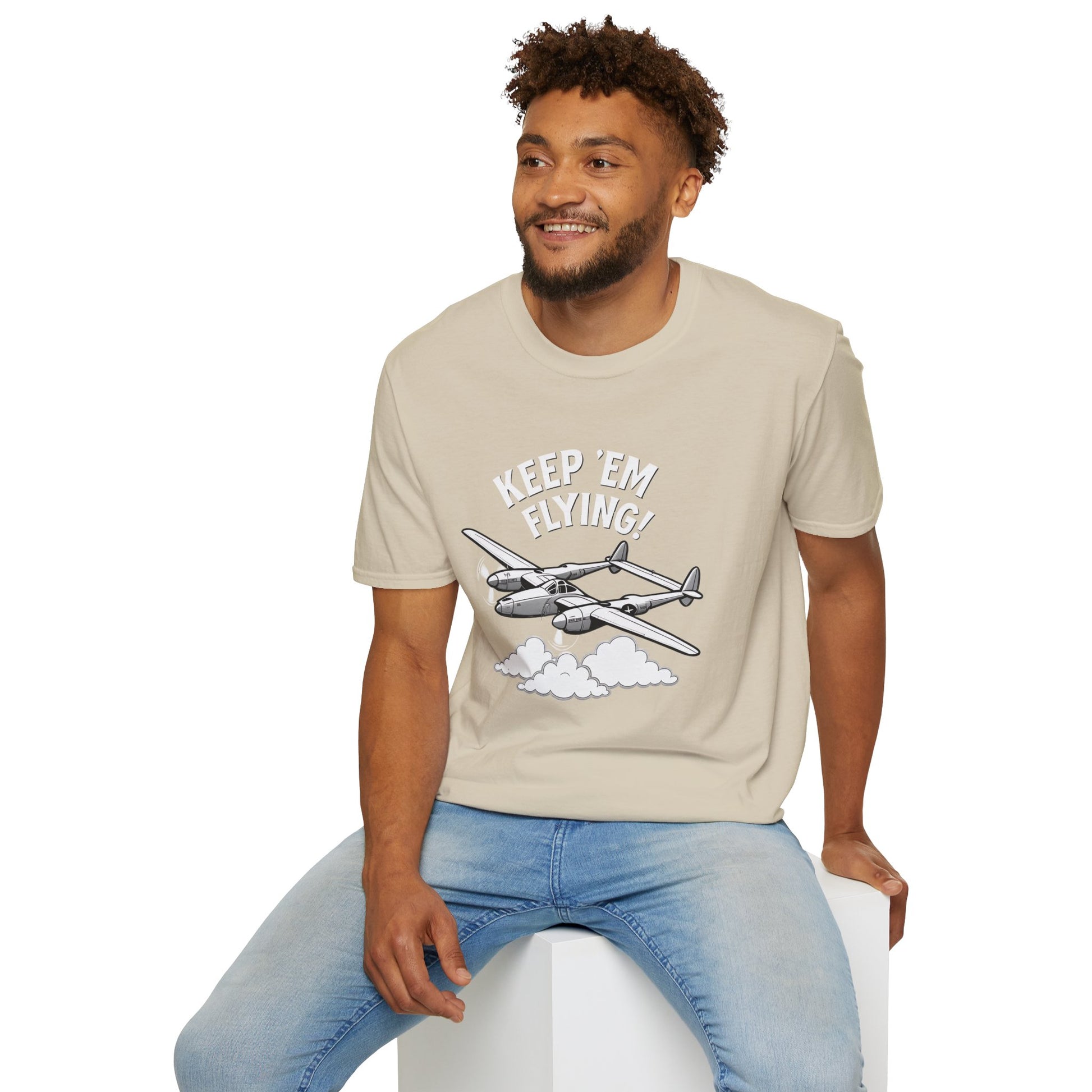P-38 Premium T-Shirt – “Keep ’Em Flying!” WWII Twin-Boom Fighter Graphic Tee - Pilot gifts - warbird t-shirt