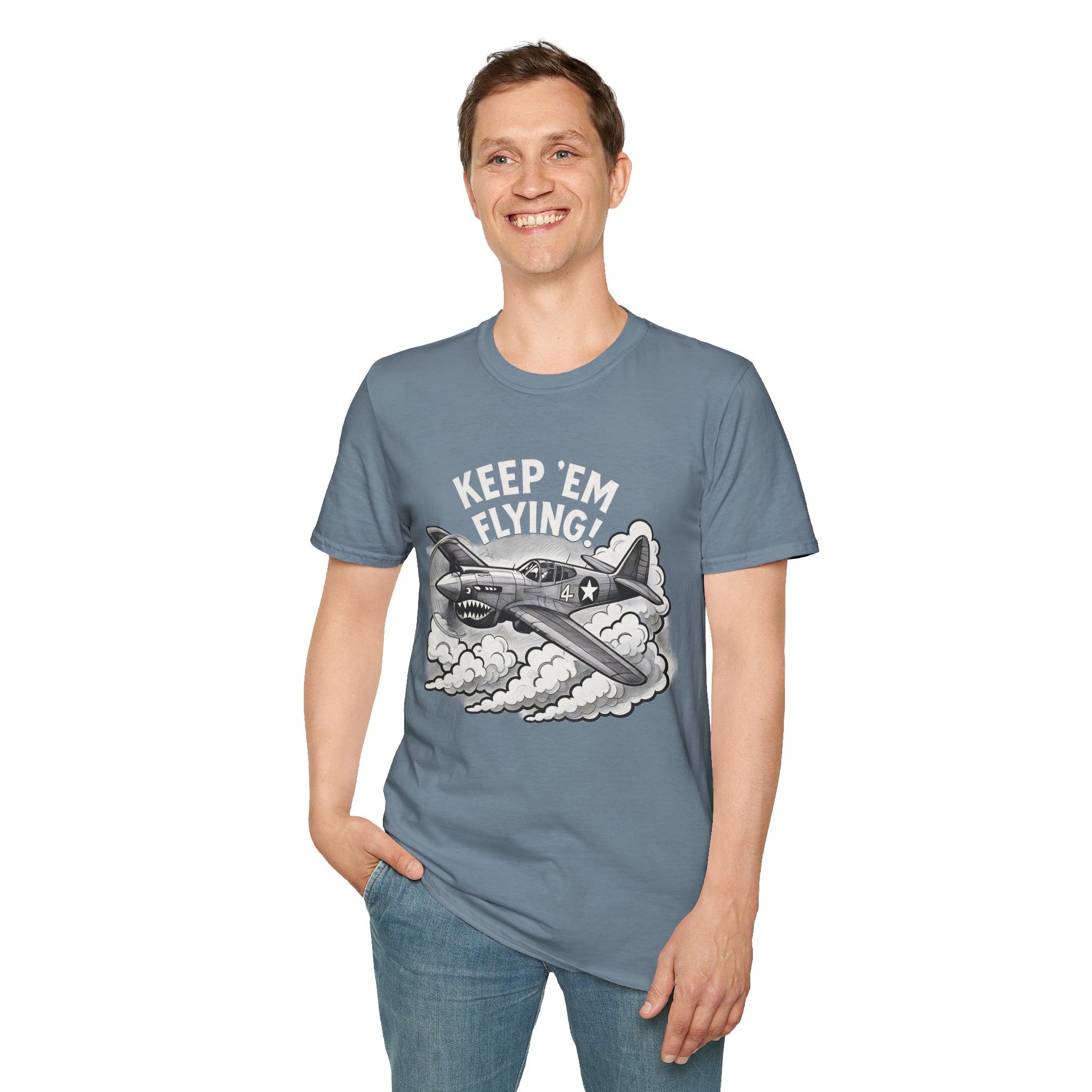 P-40 Premium T-Shirt – “Keep ’Em Flying!” WWII Shark-Mouth Fighter Tee - Pilot gifts - warbird t-shirt