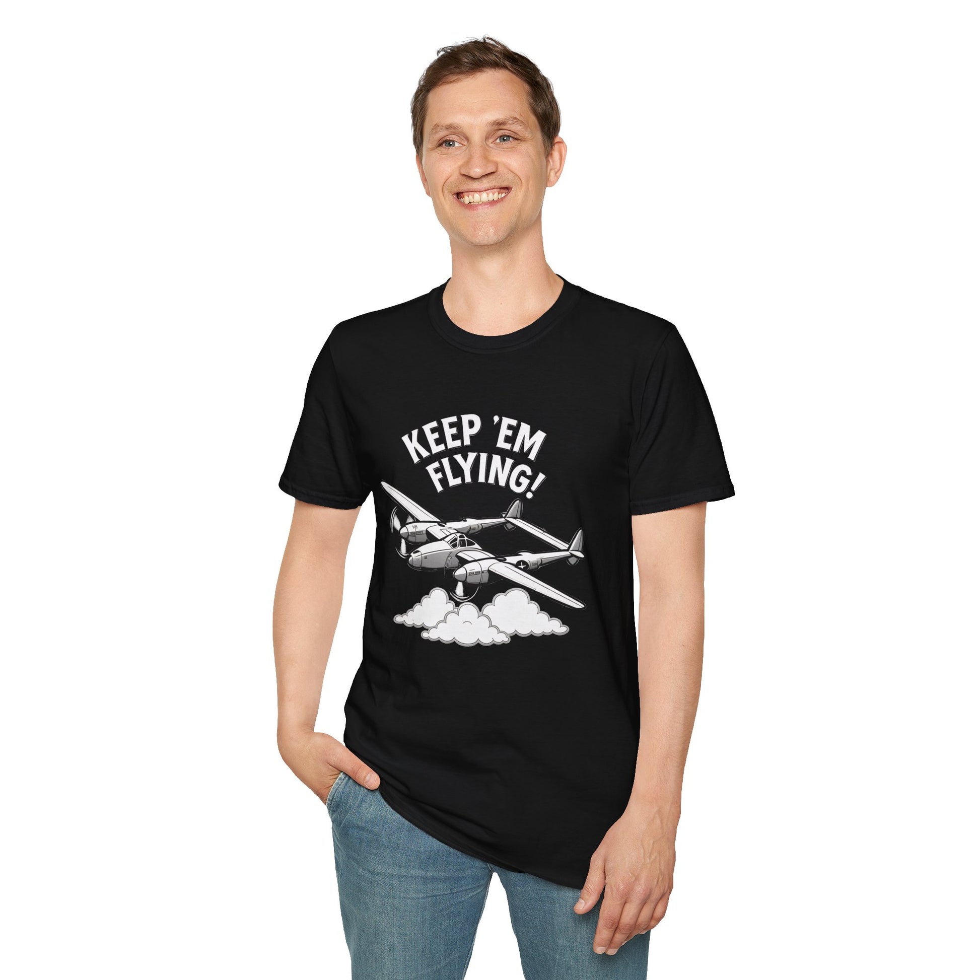 P-38 Premium T-Shirt – “Keep ’Em Flying!” WWII Twin-Boom Fighter Graphic Tee - Pilot gifts - warbird t-shirt