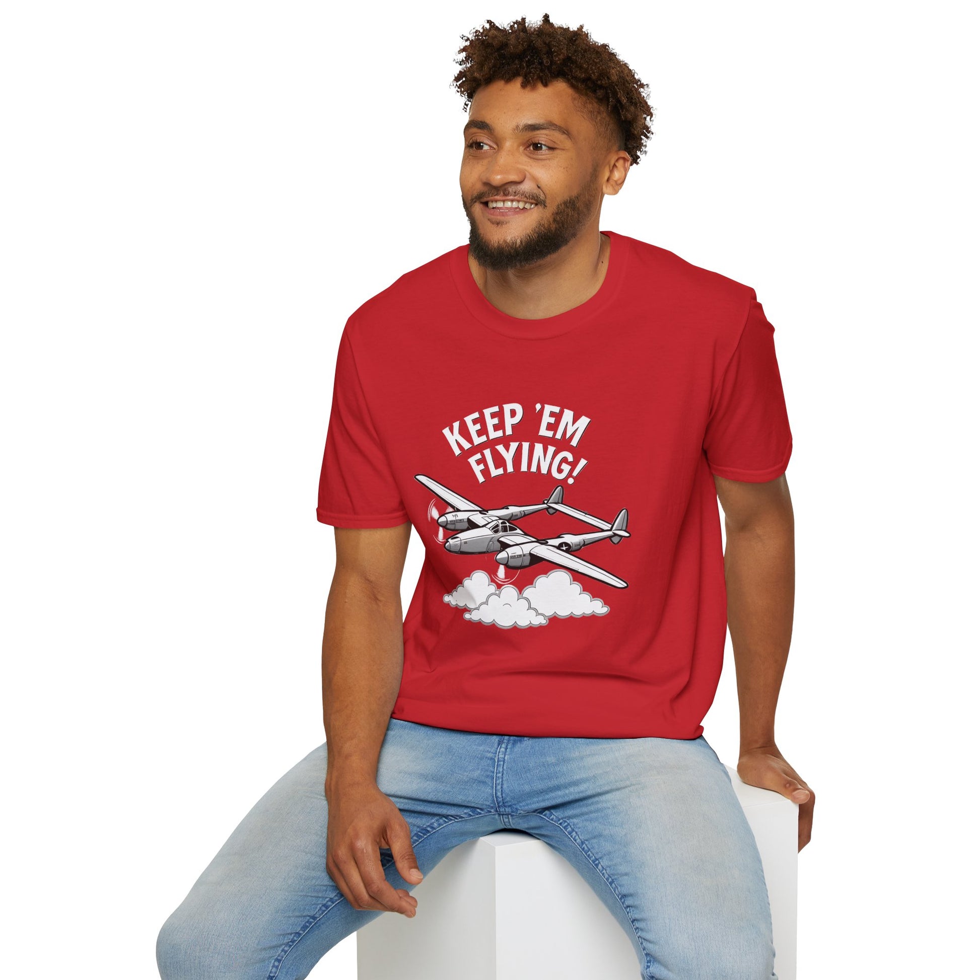 P-38 Premium T-Shirt – “Keep ’Em Flying!” WWII Twin-Boom Fighter Graphic Tee - Pilot gifts - warbird t-shirt