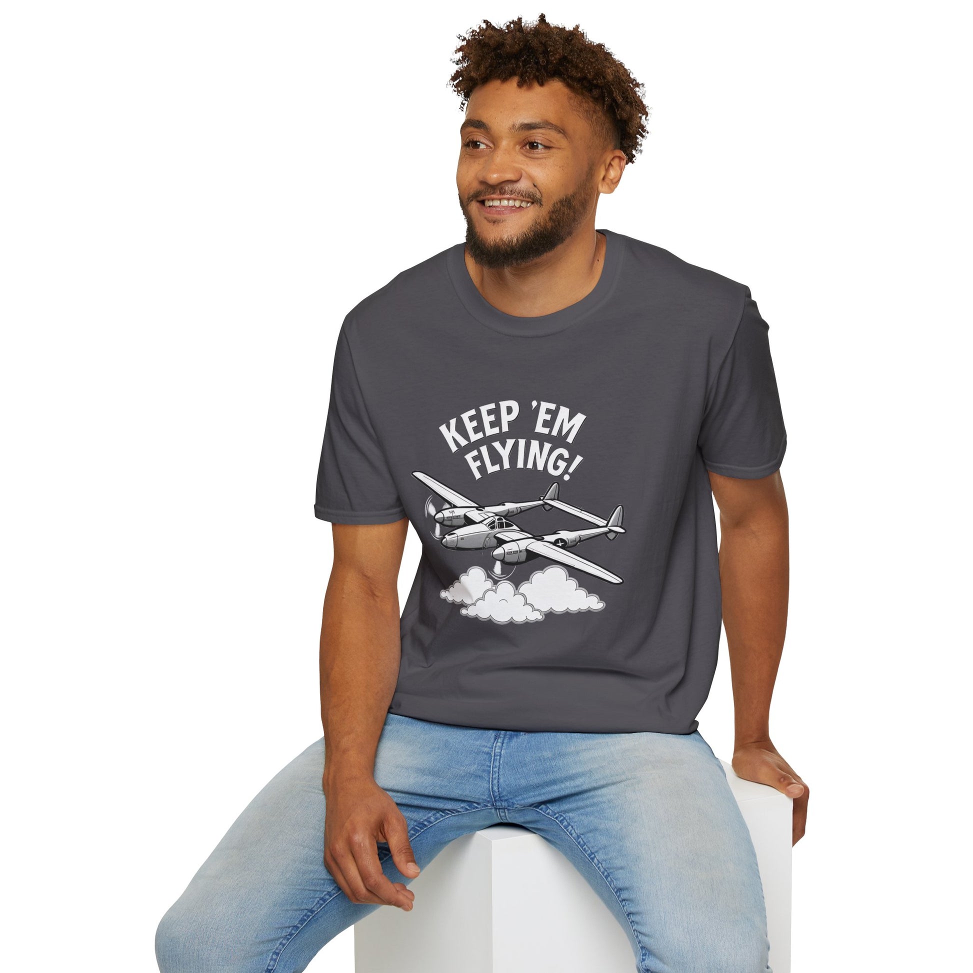 P-38 Premium T-Shirt – “Keep ’Em Flying!” WWII Twin-Boom Fighter Graphic Tee - Pilot gifts - warbird t-shirt