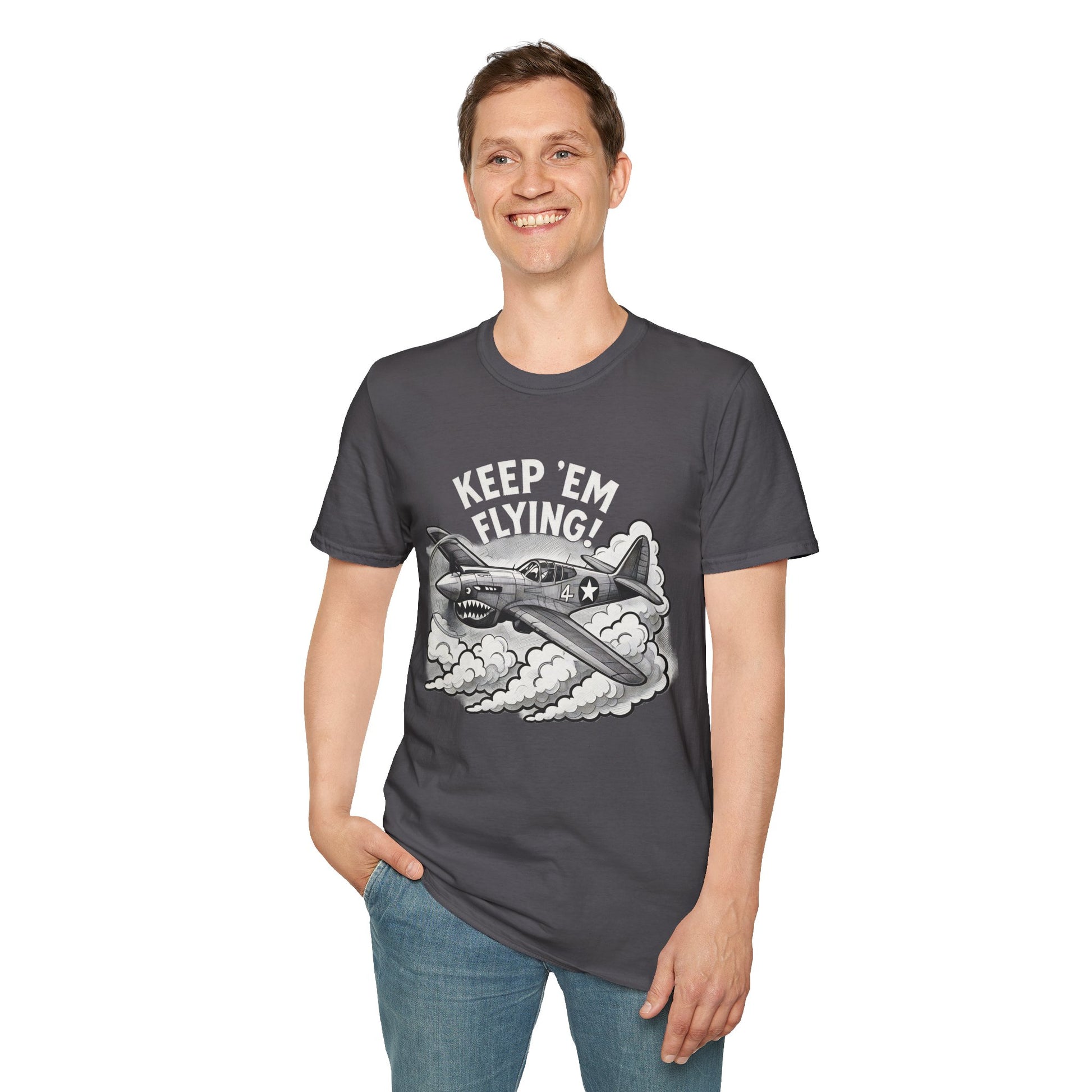 P-40 Premium T-Shirt – “Keep ’Em Flying!” WWII Shark-Mouth Fighter Tee - Pilot gifts - warbird t-shirt