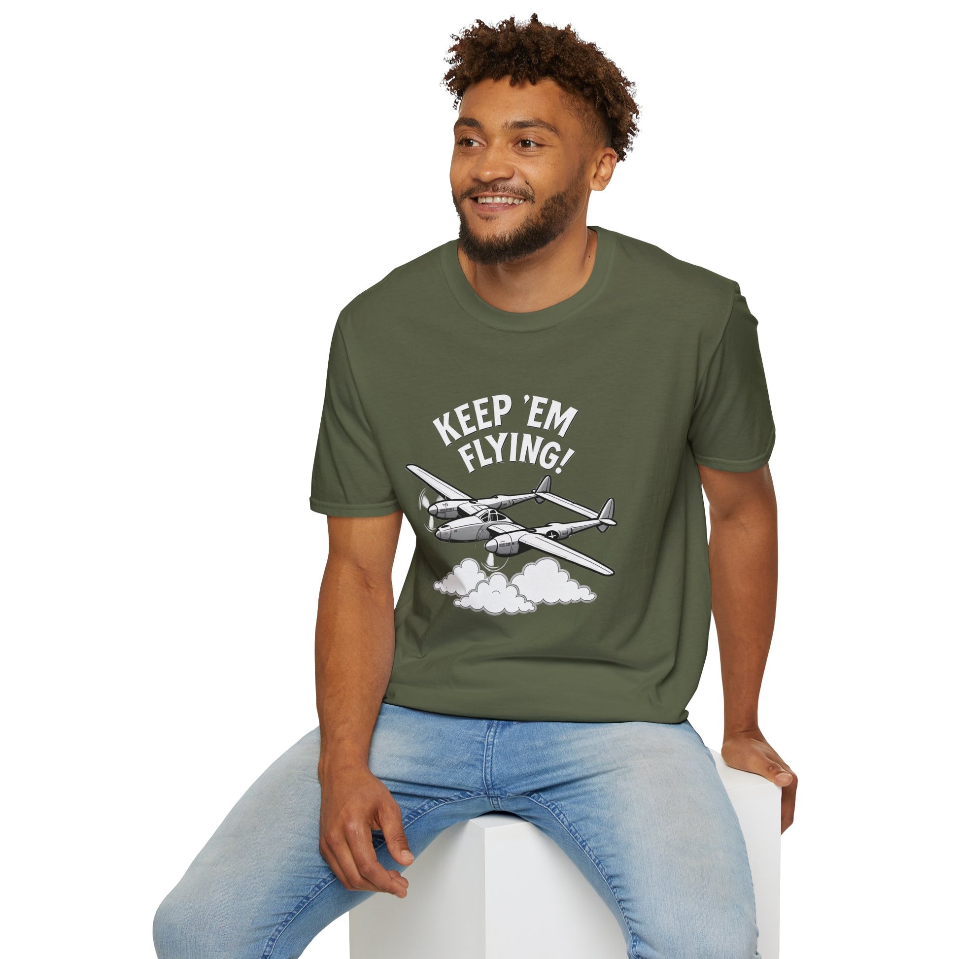 P-38 Premium T-Shirt – “Keep ’Em Flying!” WWII Twin-Boom Fighter Graphic Tee - Pilot gifts - warbird t-shirt