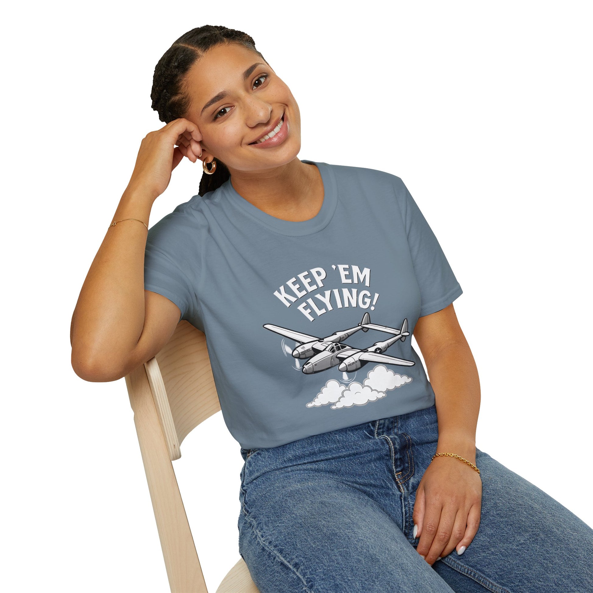 P-38 Premium T-Shirt – “Keep ’Em Flying!” WWII Twin-Boom Fighter Graphic Tee - Pilot gifts - warbird t-shirt
