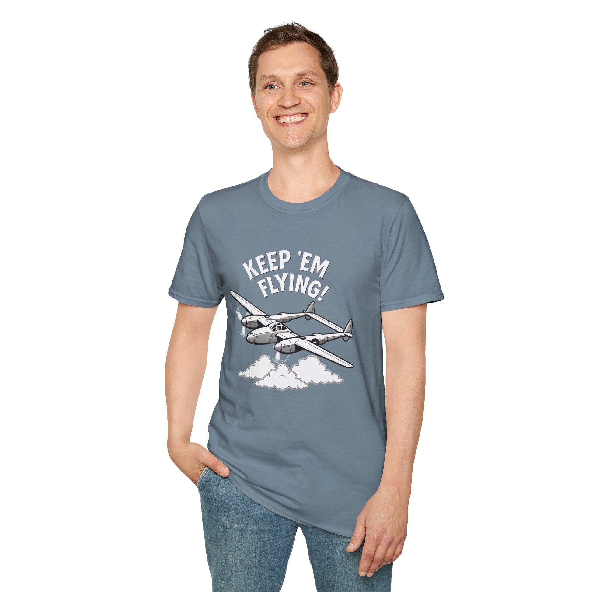 P-38 Premium T-Shirt – “Keep ’Em Flying!” WWII Twin-Boom Fighter Graphic Tee - Pilot gifts - warbird t-shirt