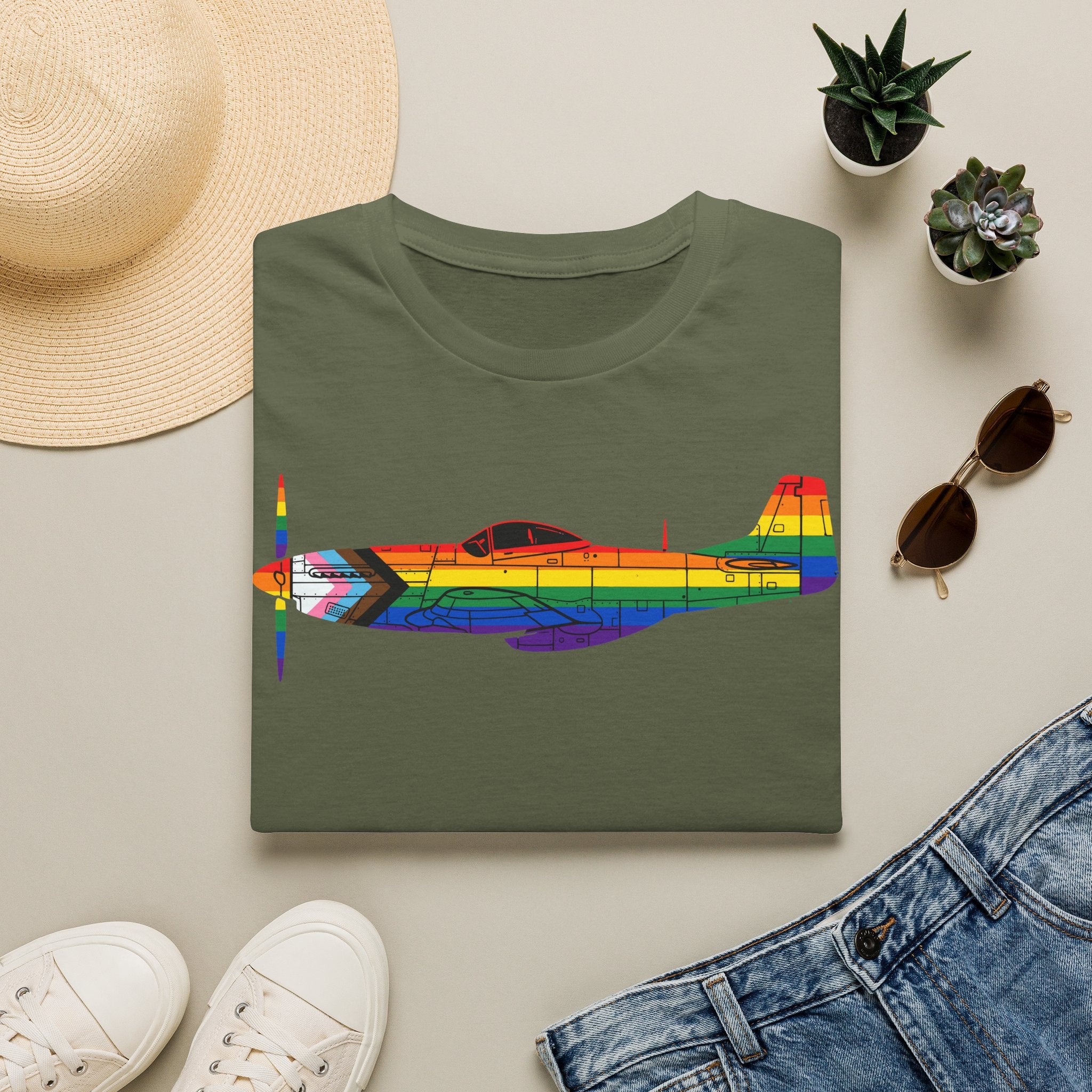 P-51 Mustang Progress Pride Airplane Silhouette T-Shirt