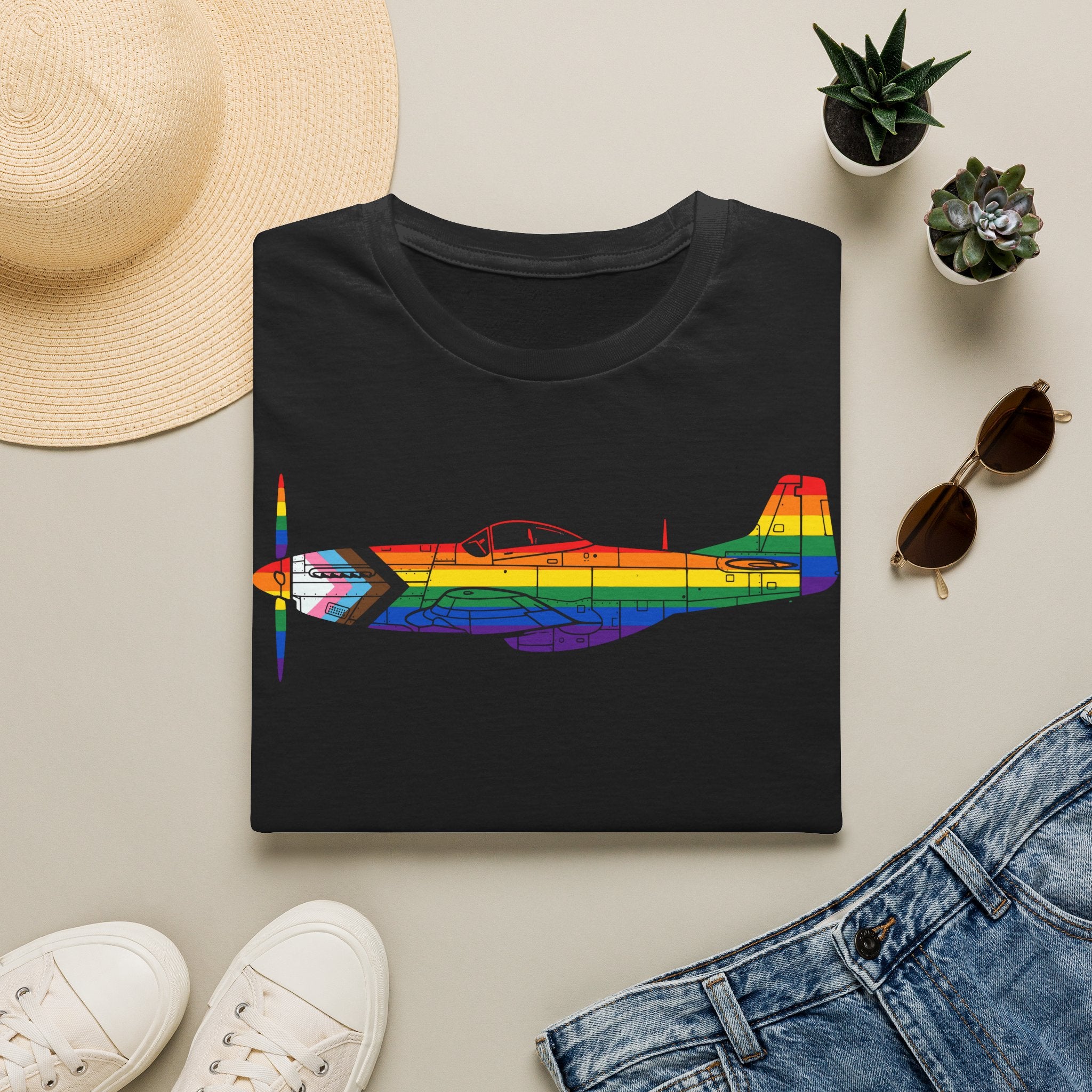 P-51 Mustang Progress Pride Airplane Silhouette T-Shirt