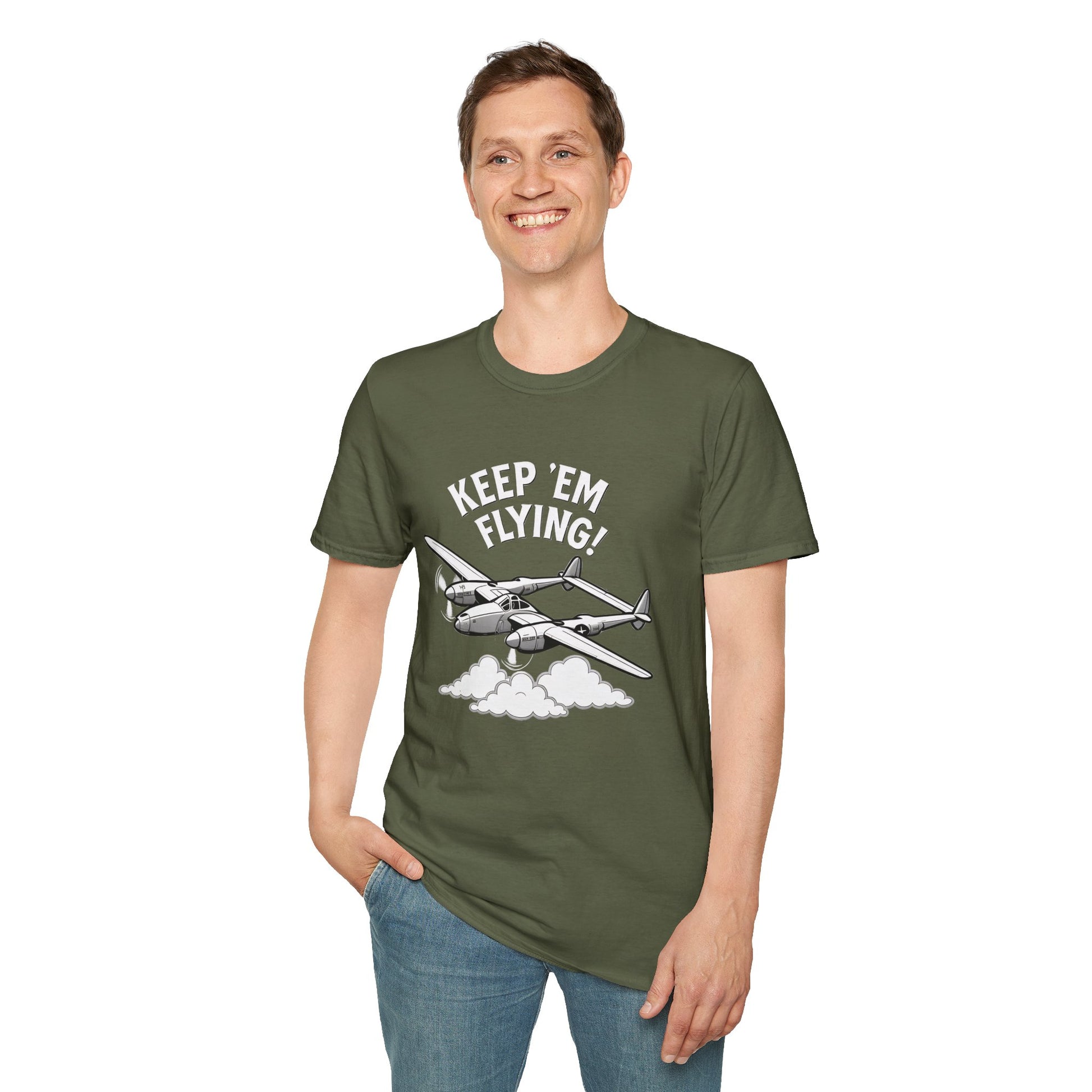 P-38 Premium T-Shirt – “Keep ’Em Flying!” WWII Twin-Boom Fighter Graphic Tee - Pilot gifts - warbird t-shirt