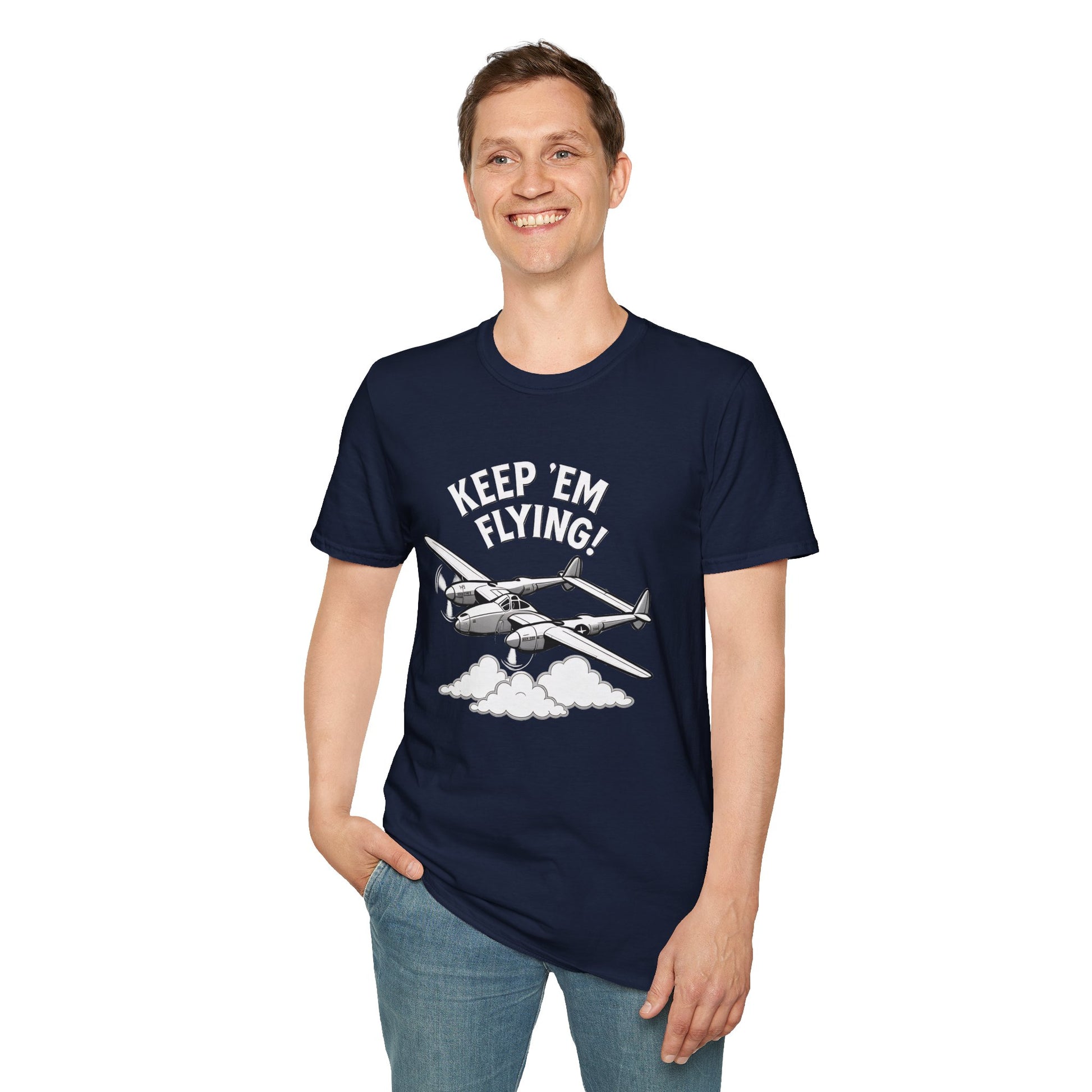 P-38 Premium T-Shirt – “Keep ’Em Flying!” WWII Twin-Boom Fighter Graphic Tee - Pilot gifts - warbird t-shirt