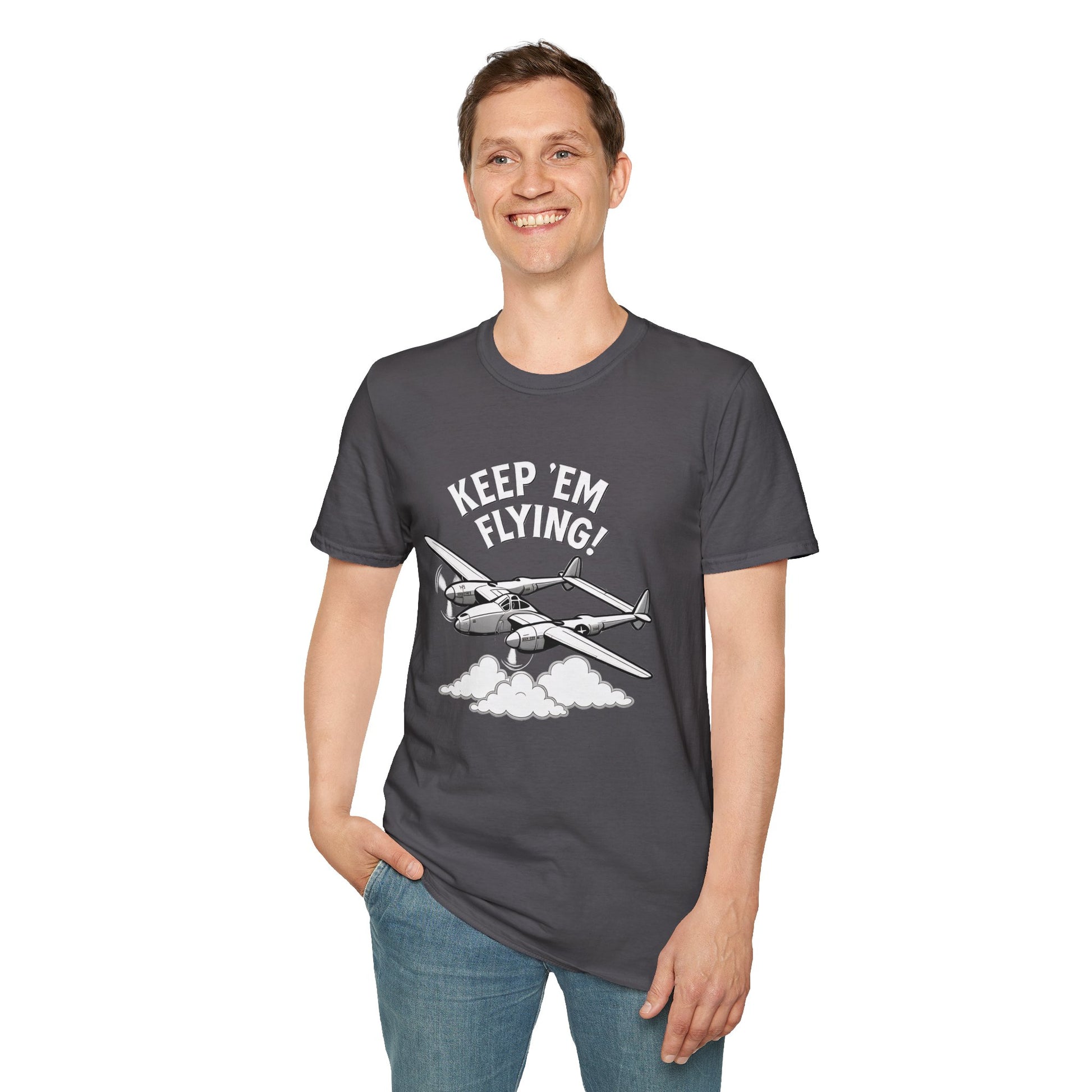 P-38 Premium T-Shirt – “Keep ’Em Flying!” WWII Twin-Boom Fighter Graphic Tee - Pilot gifts - warbird t-shirt