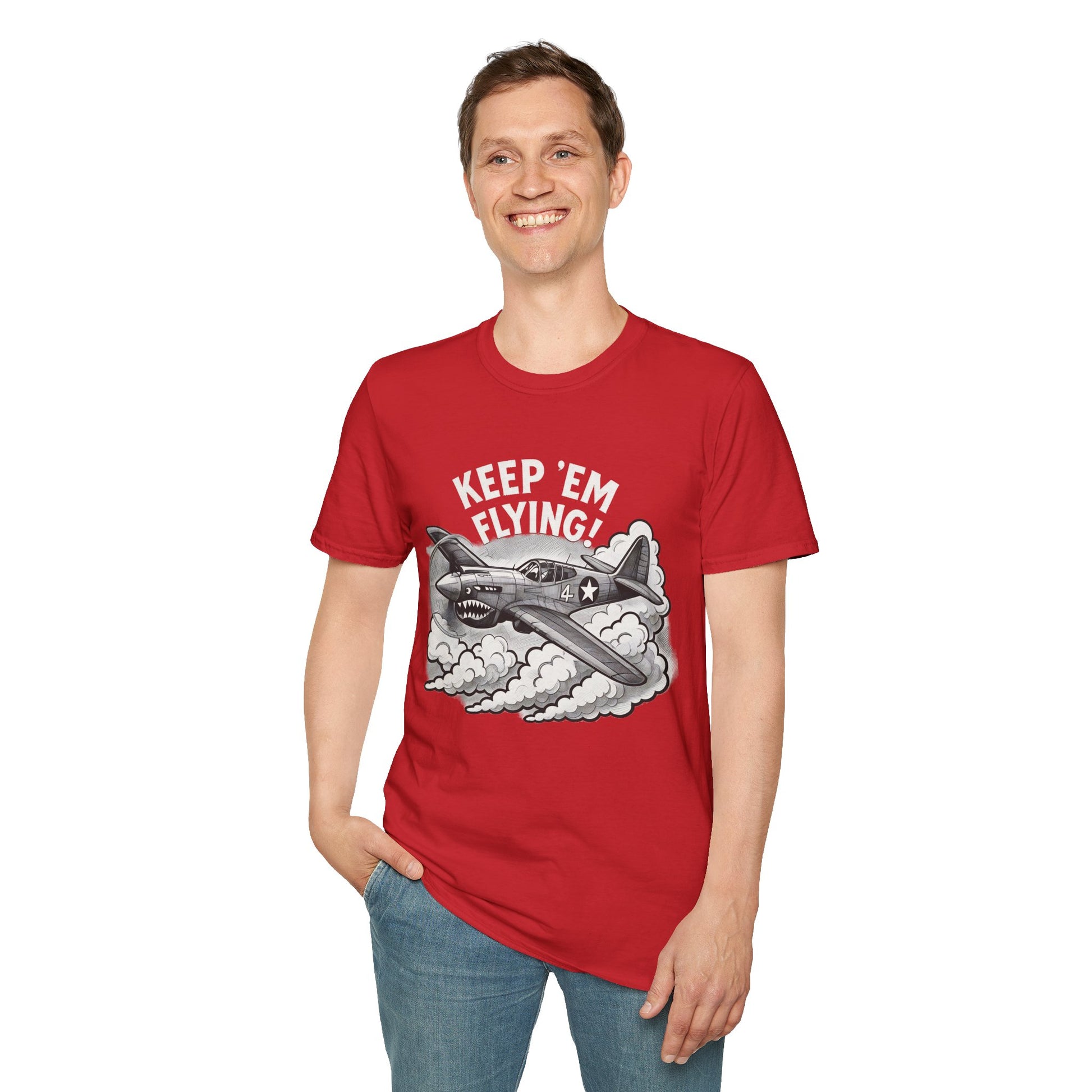 P-40 Premium T-Shirt – “Keep ’Em Flying!” WWII Shark-Mouth Fighter Tee - Pilot gifts - warbird t-shirt