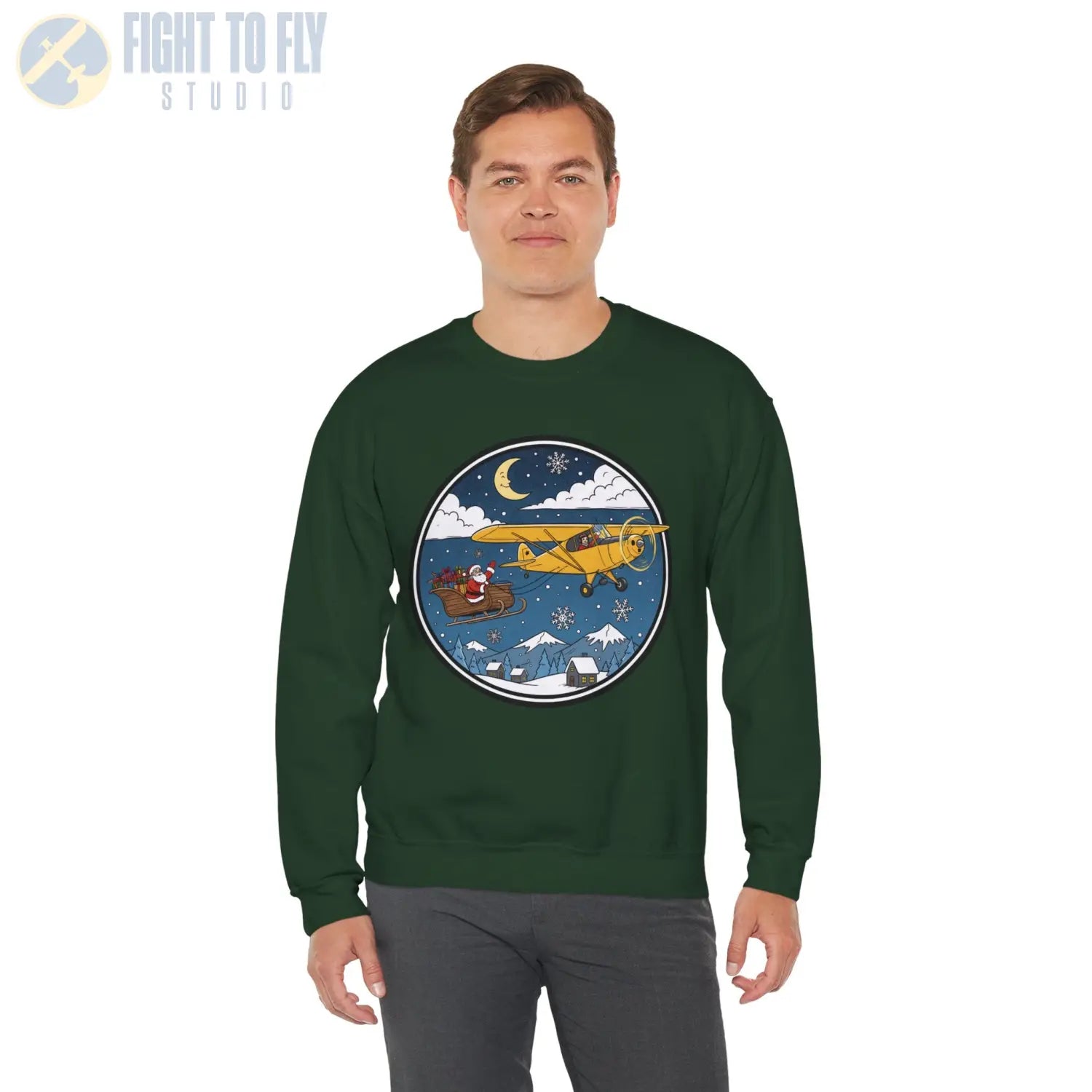 Aeronca Champ Pulling Santa’s Sleigh – Holiday Sweater - Sweatshirt - Pilot gifts - WWII warbird t-shirt