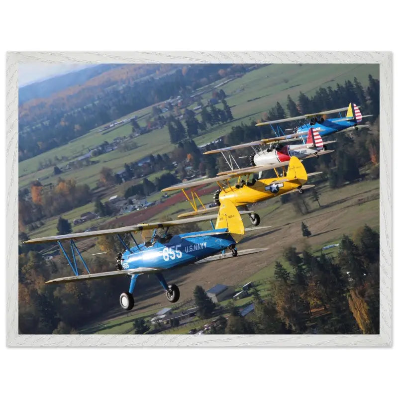 Autumn Patrol: Four Stearmans in Formation Turn - Print Material - Gifts for pilots - Aviation apparel