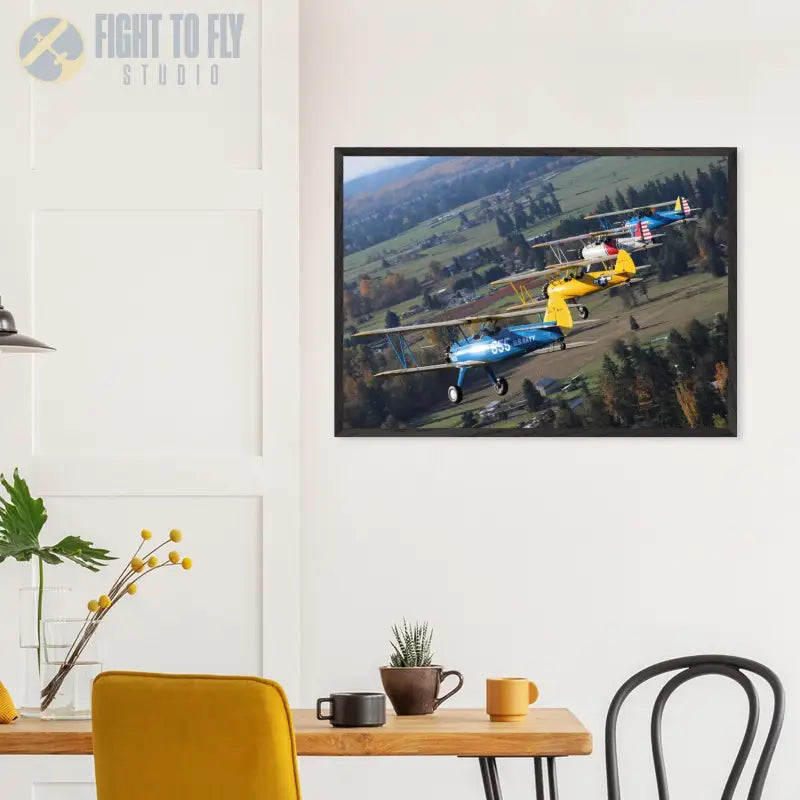 Autumn Patrol: Four Stearmans in Formation Turn - Print Material - Gifts for pilots - Aviation apparel