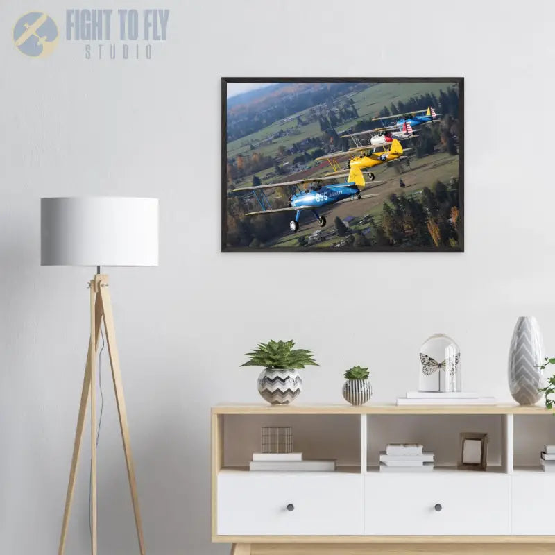 Autumn Patrol: Four Stearmans in Formation Turn - Print Material - Gifts for pilots - Aviation apparel