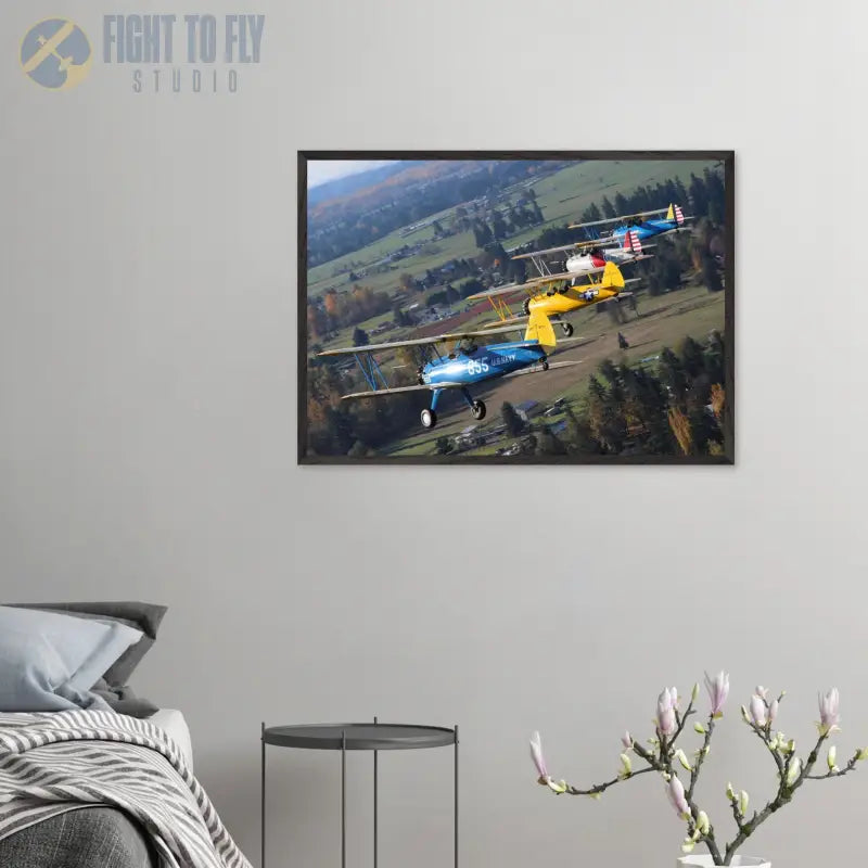Autumn Patrol: Four Stearmans in Formation Turn - Print Material - Gifts for pilots - Aviation apparel