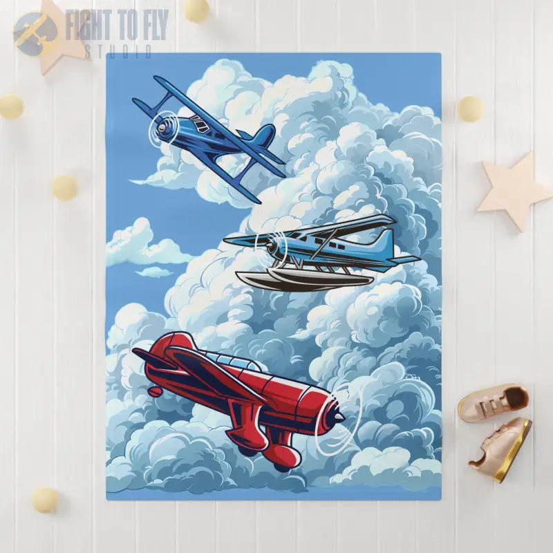 Aviation Dreams Baby Blanket – Blue and Red Planes in the Clouds - Home Decor - Pilot gifts - WWII warbird t-shirt