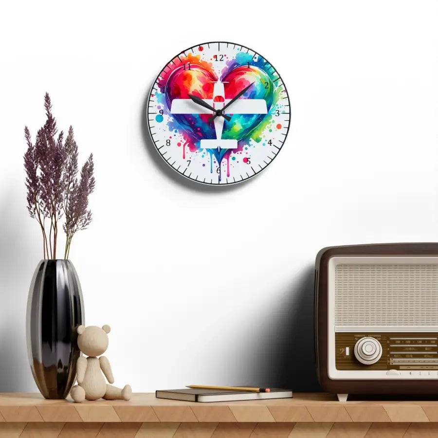 Colorful Heart Airplane Acrylic Wall Clock - Perfect Gift for Aviation Lovers and Home Decor - Gifts pilots - apparel