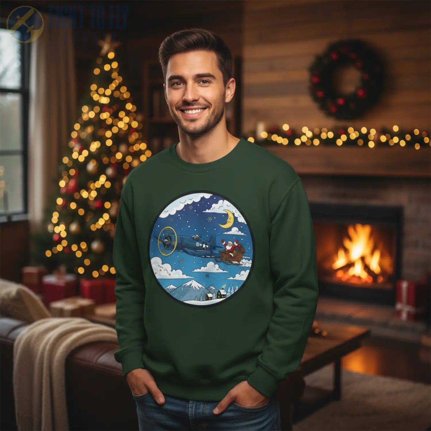 F4U Corsair Pulling Santa’s Sleigh – Holiday Sweater - Sweatshirt - Pilot gifts - WWII warbird t-shirt