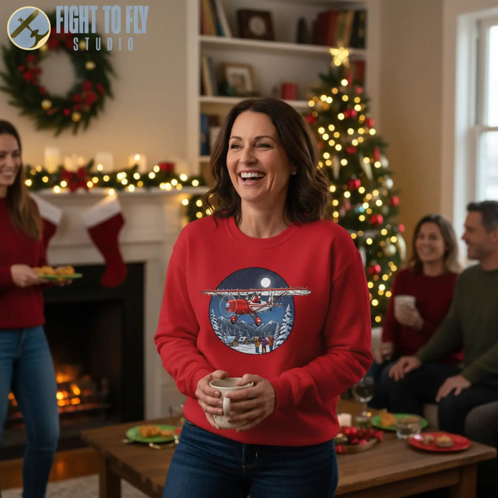 Fairchild 22 with Santa at the Controls – Holiday Sweater - Sweatshirt - Pilot gifts - WWII warbird t-shirt