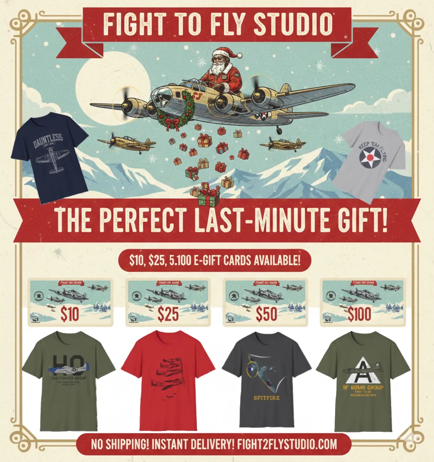 Fight to Fly Studio Gift Cards - Pilot gifts - WWII warbird t-shirt