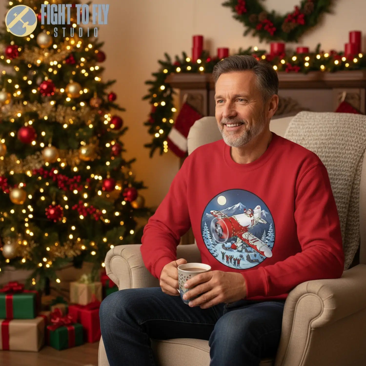 Gee Bee R-1 with Santa at the Controls – Holiday Sweater - Sweatshirt - Pilot gifts - WWII warbird t-shirt