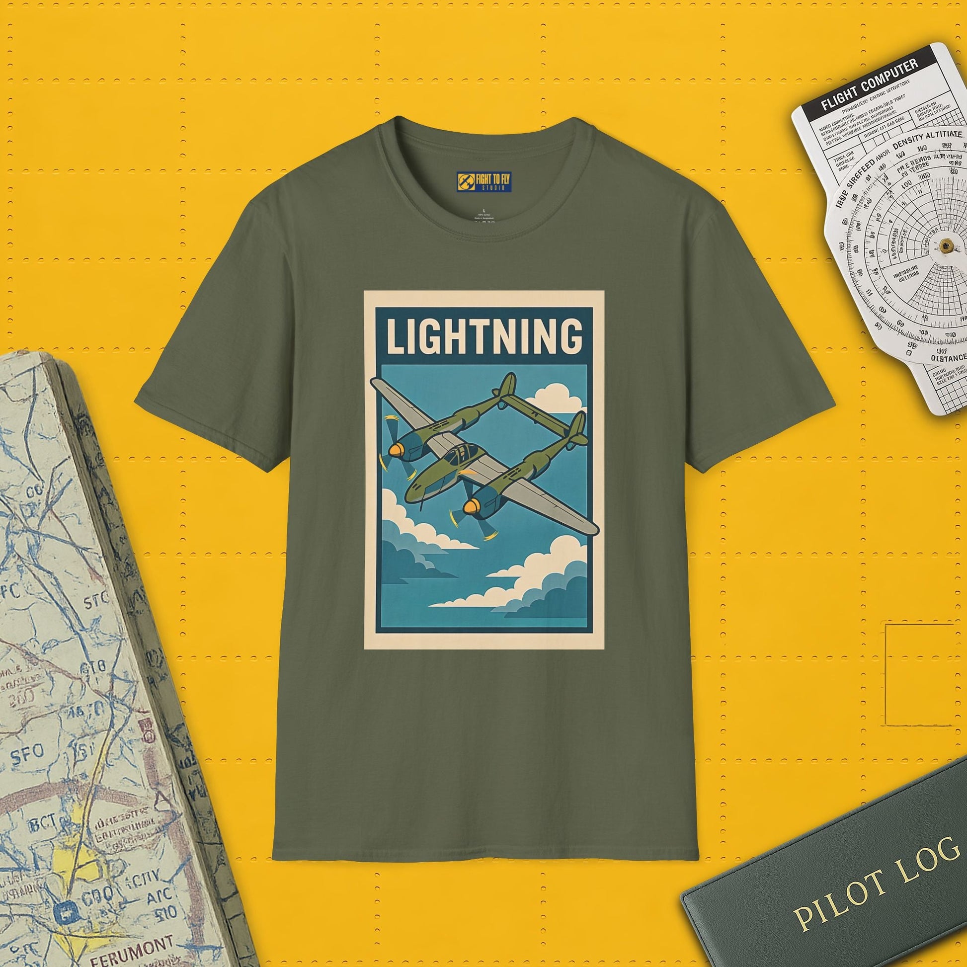 Lightning Premium T-Shirt – Twin-Boom Fighter Full Graphic WWII Aviation Tee - Pilot gifts - warbird t-shirt