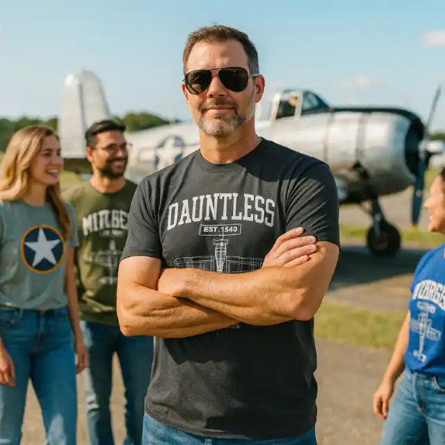Man in a dark gray ’Dauntless’ t-shirt and sunglasses.