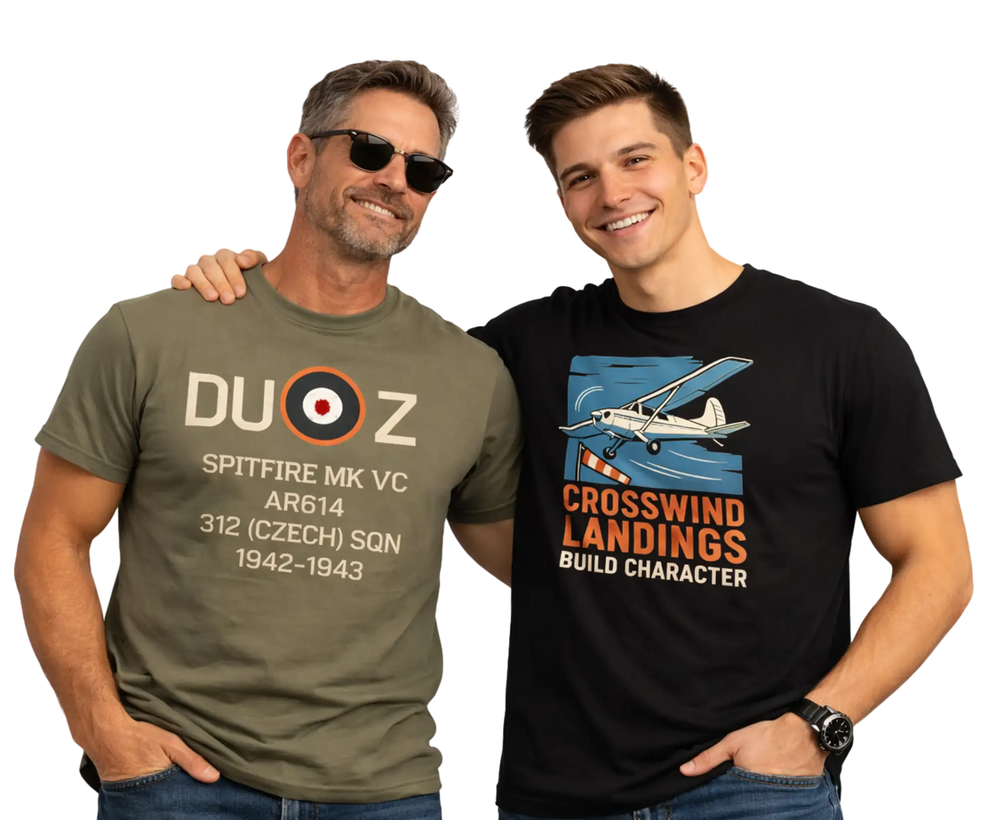 Olive green t-shirt featuring white and orange text with a circular target design, reading ’duoz spitfire mk vc ar614 312 (czech) sqn 1942-19