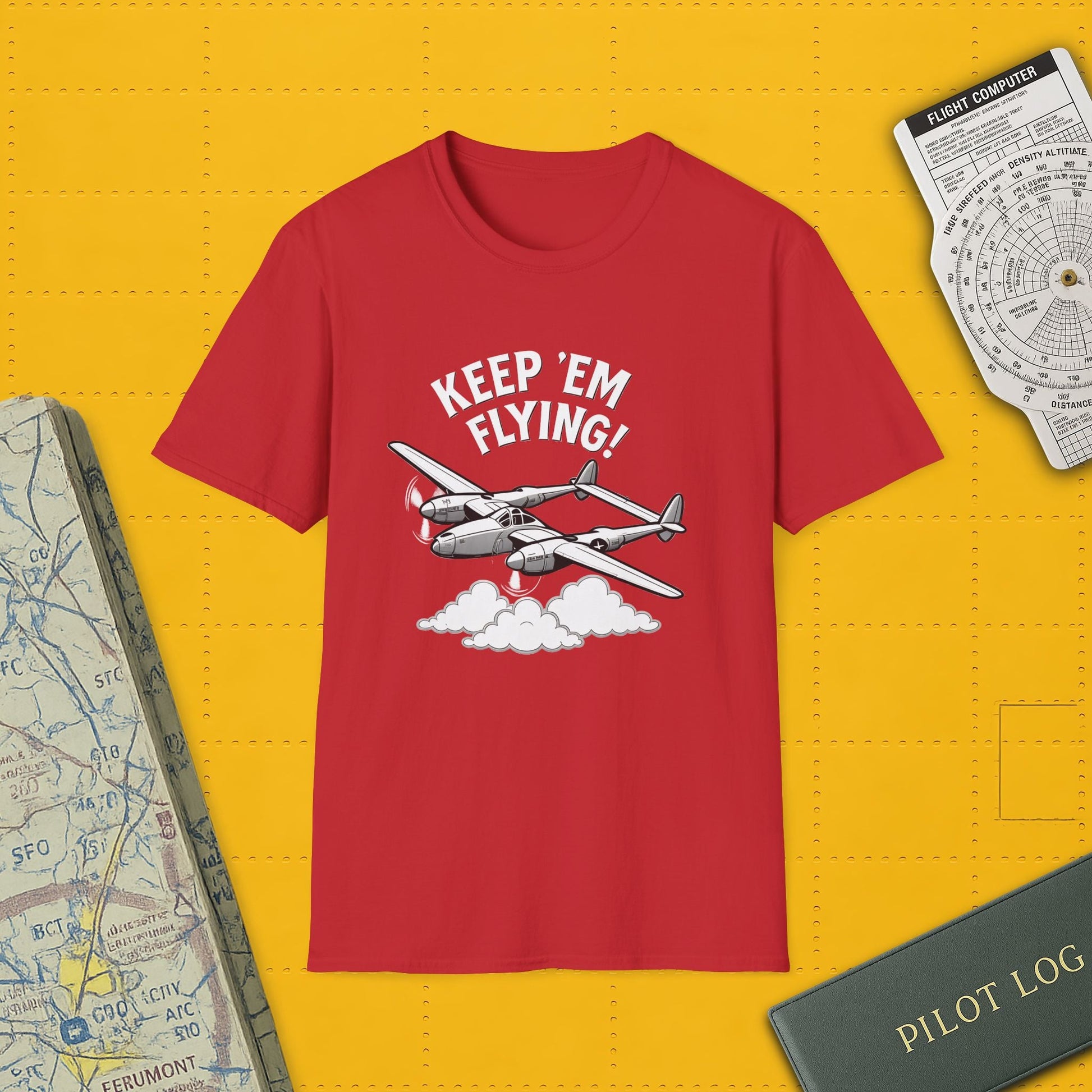 P-38 Premium T-Shirt – “Keep ’Em Flying!” WWII Twin-Boom Fighter Graphic Tee - Pilot gifts - warbird t-shirt