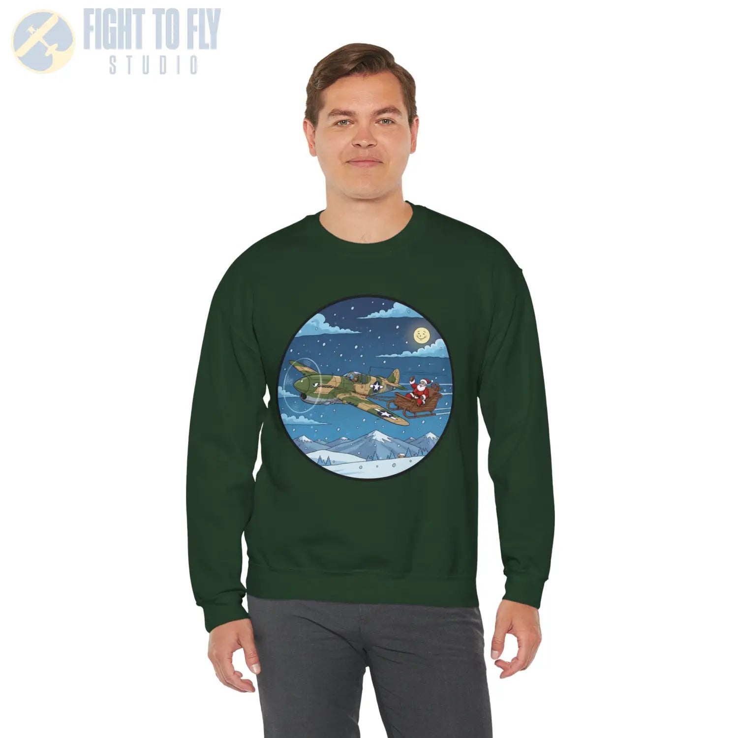 P-40 Pulling Santa’s Sleigh – Holiday Sweater - Sweatshirt - Pilot gifts - WWII warbird t-shirt