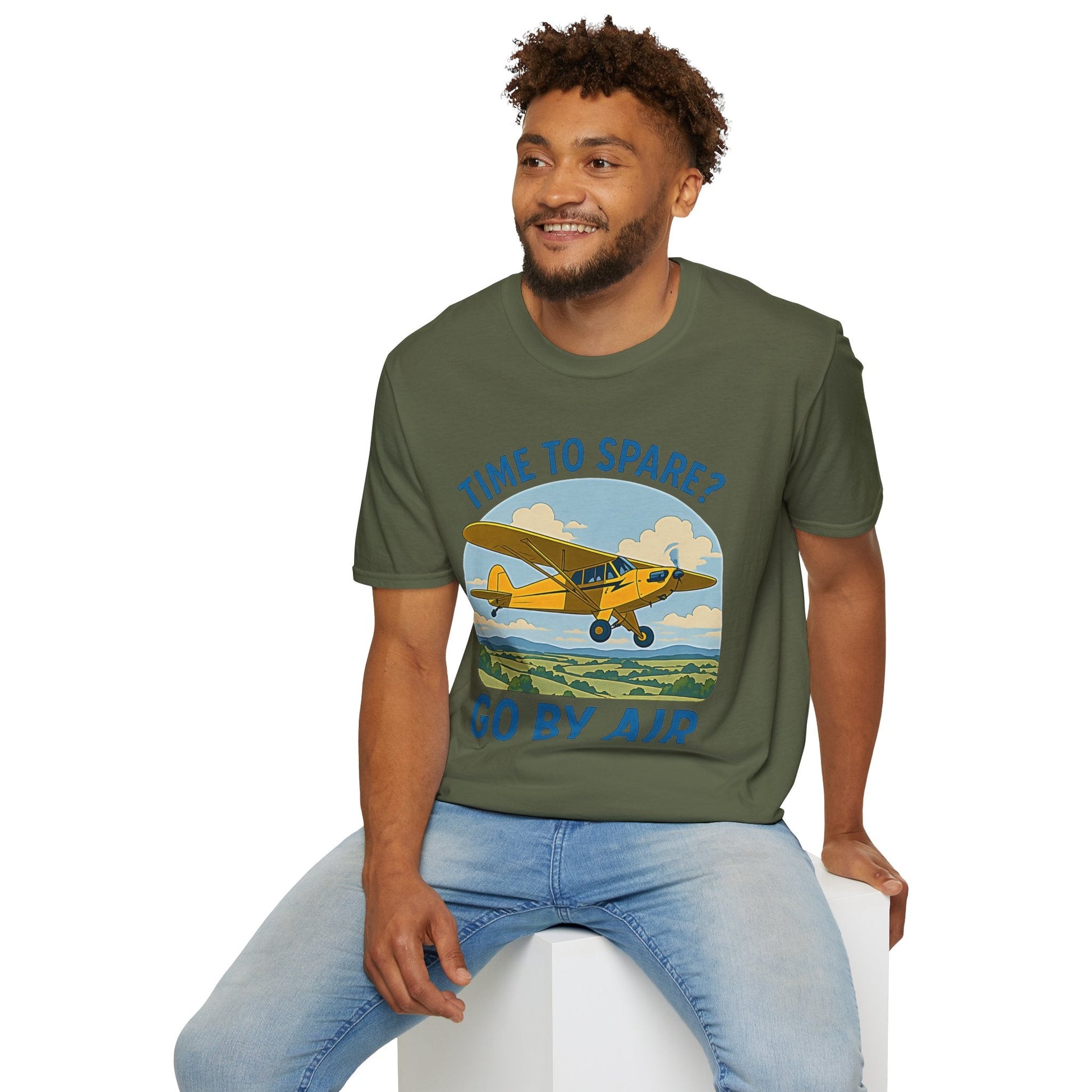 Piper Cub Premium T-Shirt – “Time to Spare? Go by Air” Vintage Bush Plane Tee - Pilot gifts - WWII warbird t-shirt