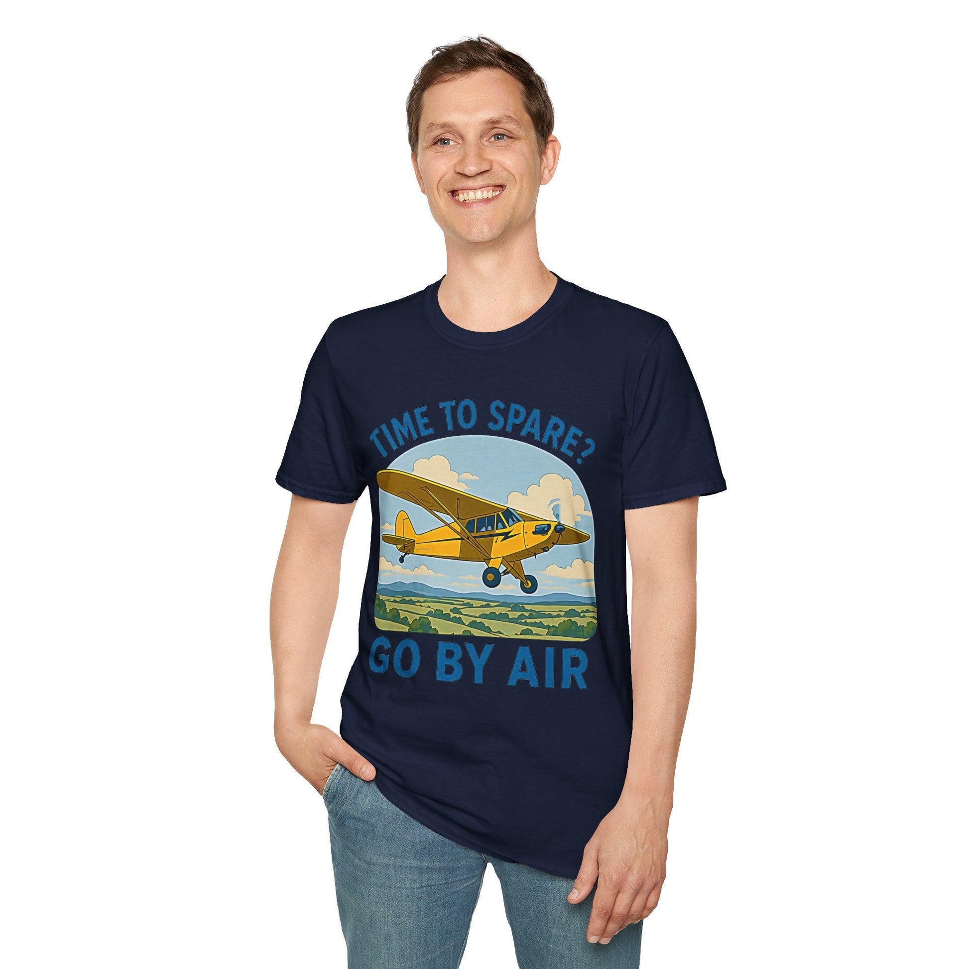 Piper Cub Premium T-Shirt – “Time to Spare? Go by Air” Vintage Bush Plane Tee - Pilot gifts - WWII warbird t-shirt
