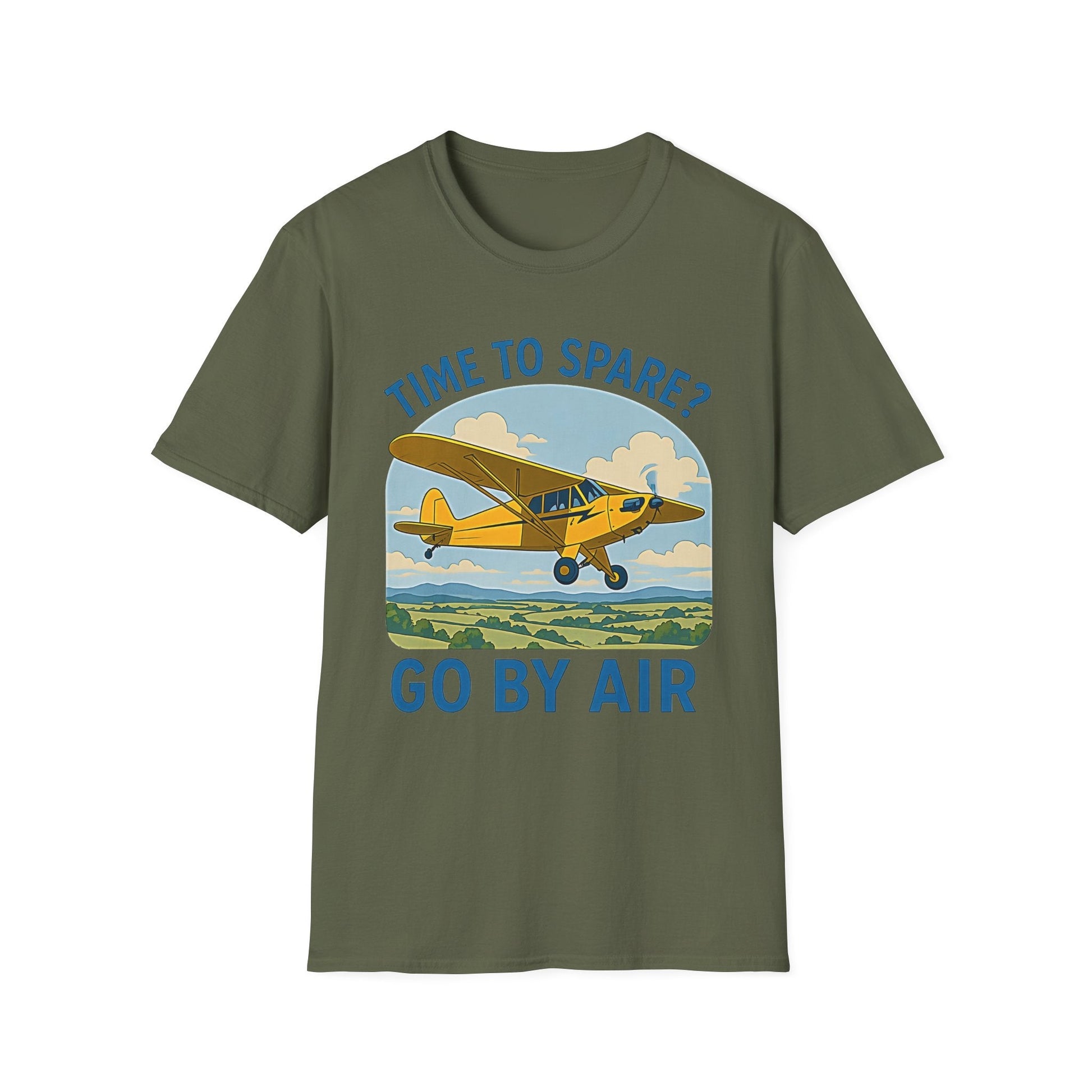 Piper Cub Premium T-Shirt – “Time to Spare? Go by Air” Vintage Bush Plane Tee - Pilot gifts - WWII warbird t-shirt