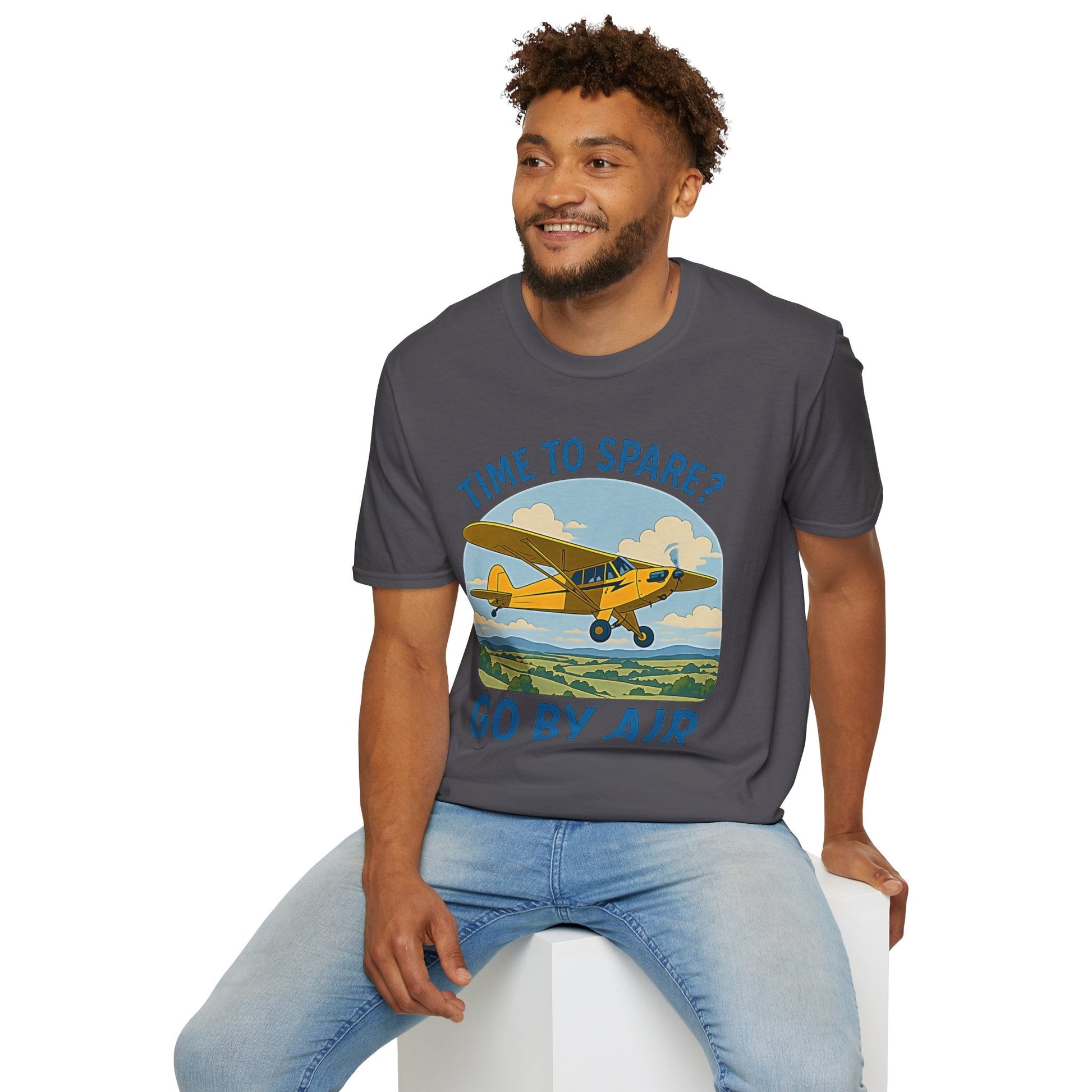 Piper Cub Premium T-Shirt – “Time to Spare? Go by Air” Vintage Bush Plane Tee - Pilot gifts - WWII warbird t-shirt