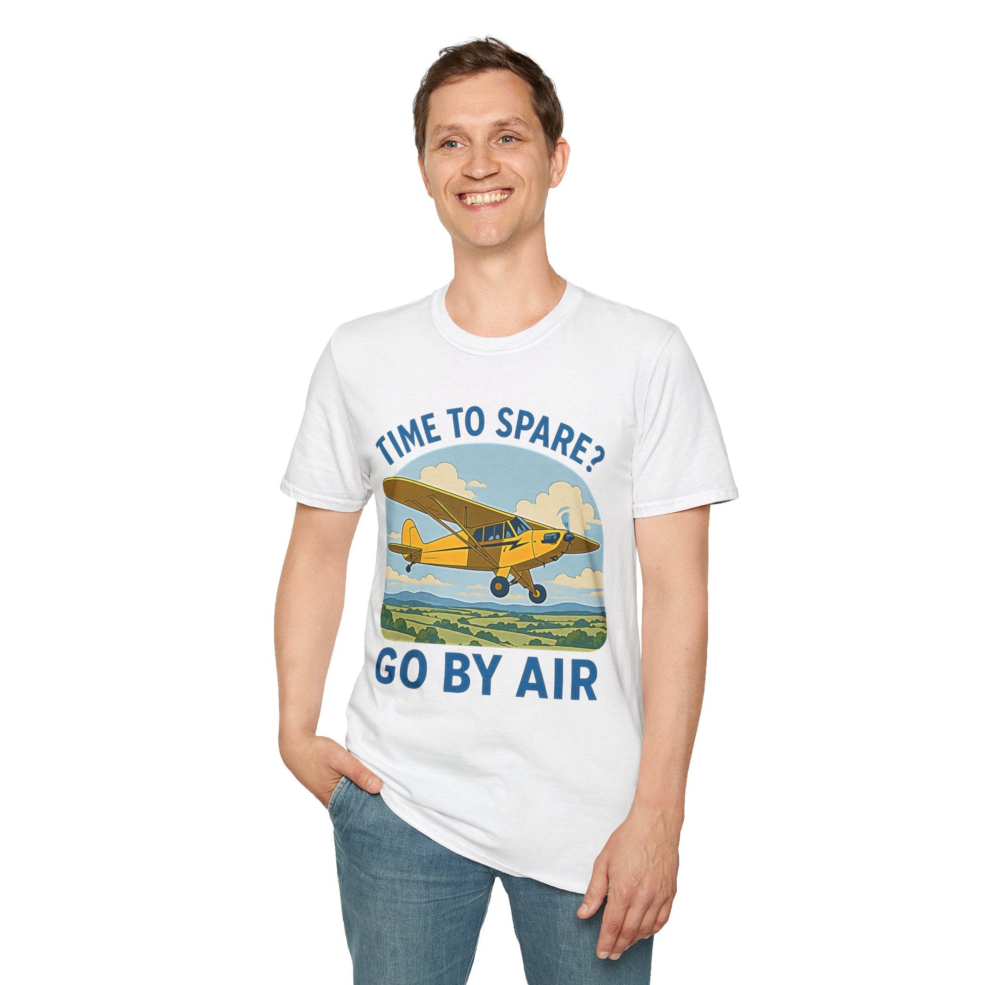 Piper Cub Premium T-Shirt – “Time to Spare? Go by Air” Vintage Bush Plane Tee - Pilot gifts - WWII warbird t-shirt