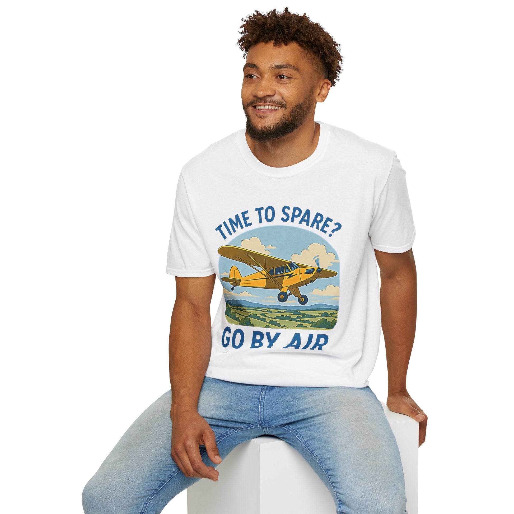 Piper Cub Premium T-Shirt – “Time to Spare? Go by Air” Vintage Bush Plane Tee - Pilot gifts - WWII warbird t-shirt