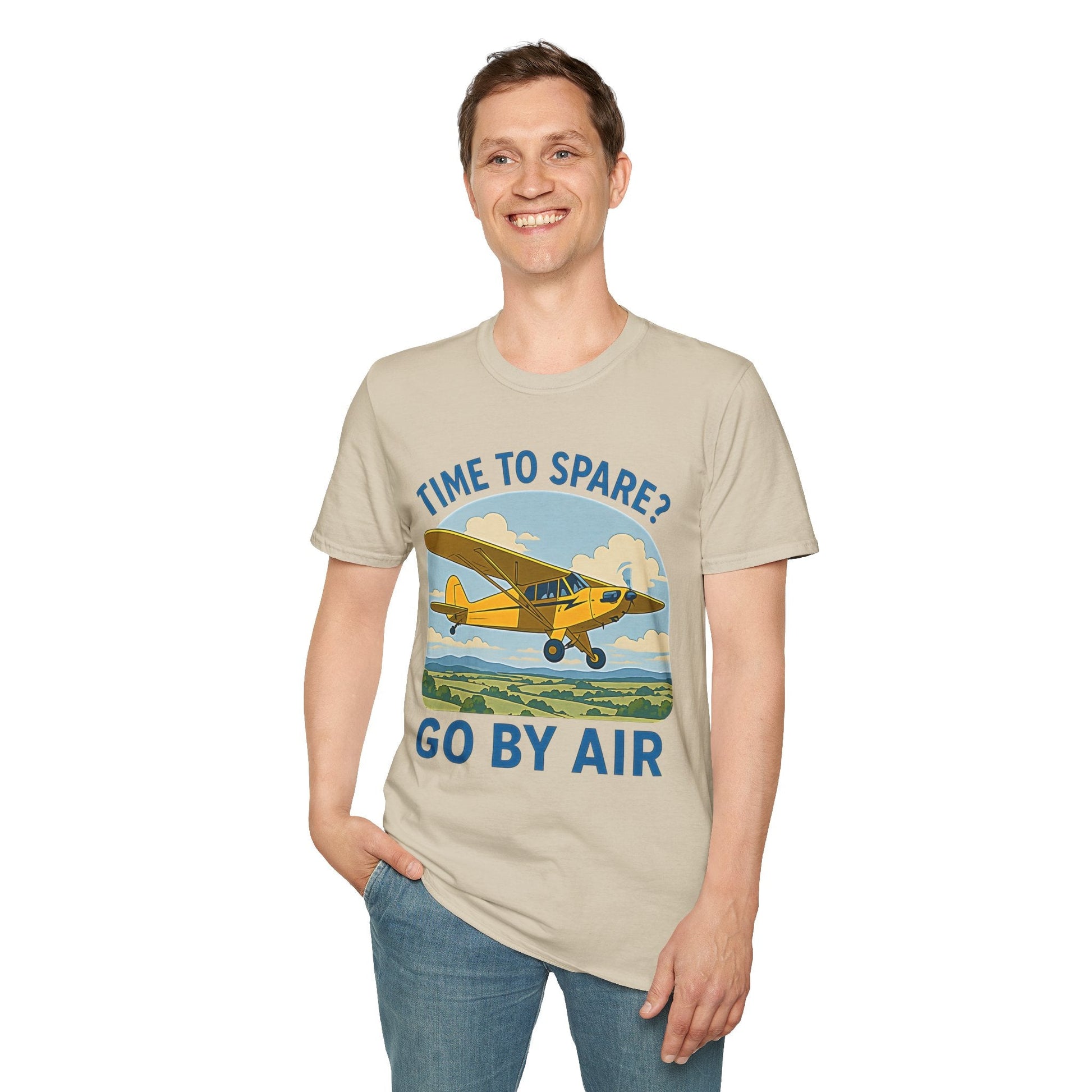 Piper Cub Premium T-Shirt – “Time to Spare? Go by Air” Vintage Bush Plane Tee - Pilot gifts - WWII warbird t-shirt