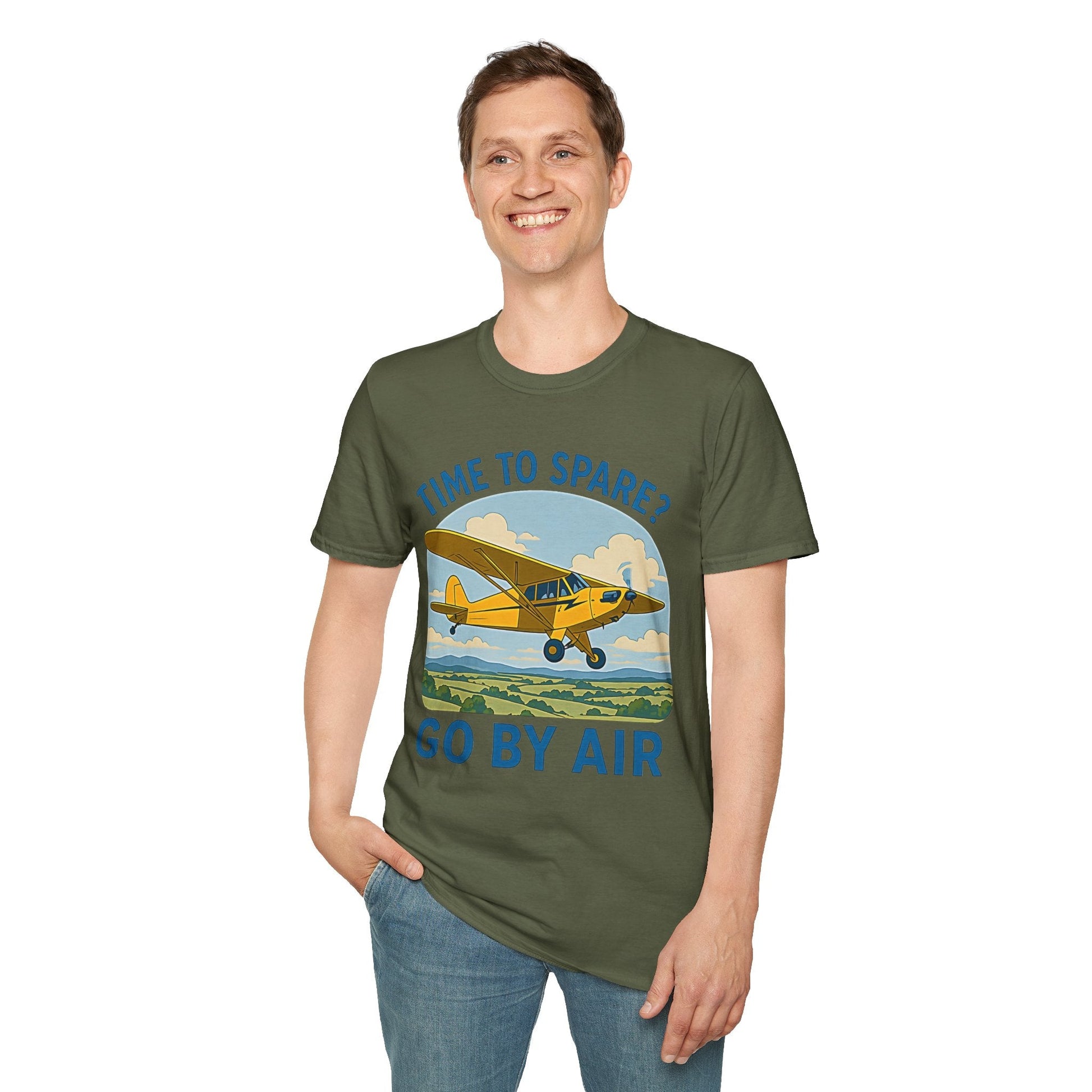 Piper Cub Premium T-Shirt – “Time to Spare? Go by Air” Vintage Bush Plane Tee - Pilot gifts - WWII warbird t-shirt