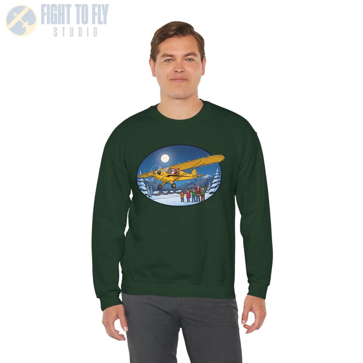 Piper Cub with Santa at the Controls – Holiday Sweater - Sweatshirt - Pilot gifts - WWII warbird t-shirt