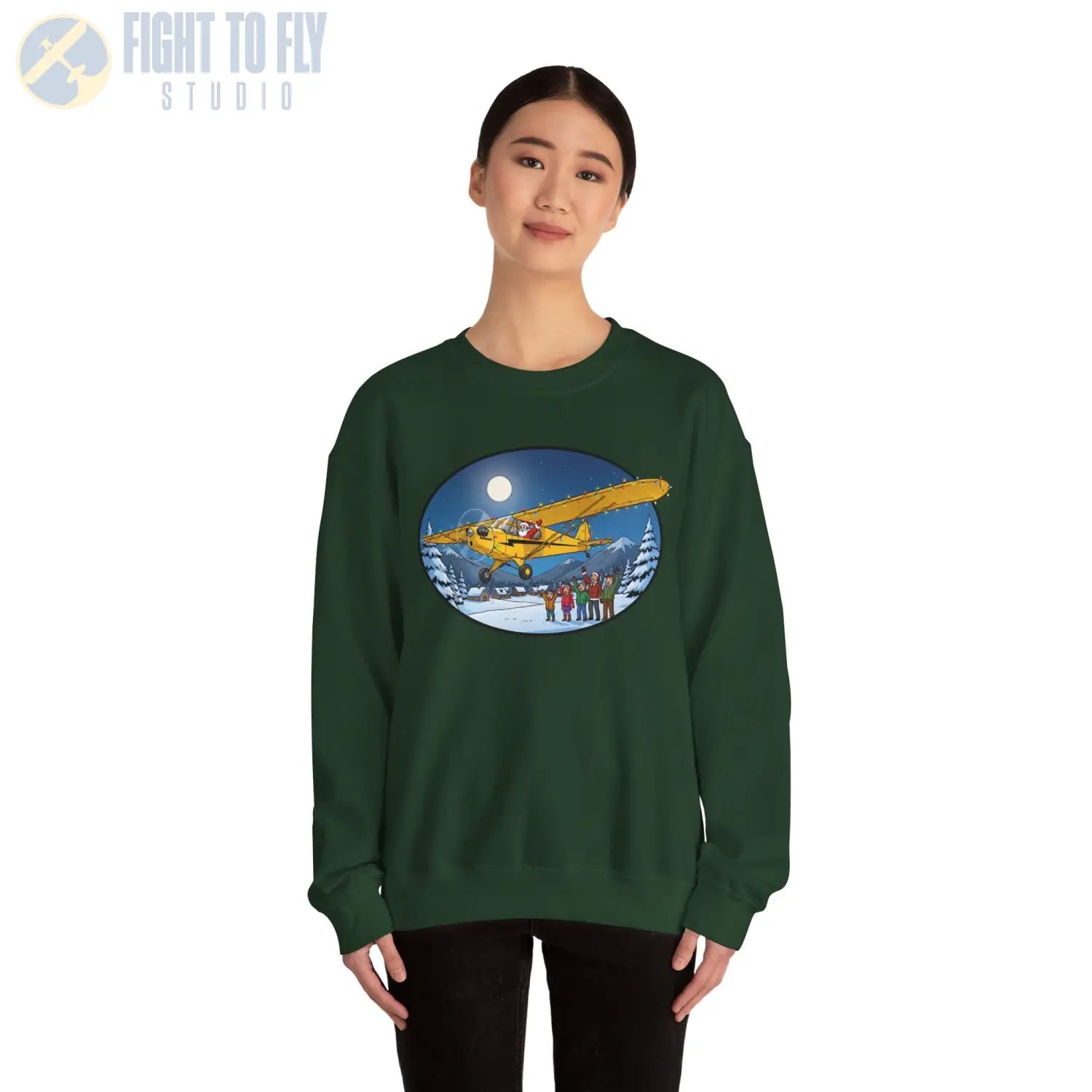 Piper Cub with Santa at the Controls – Holiday Sweater - Sweatshirt - Pilot gifts - WWII warbird t-shirt