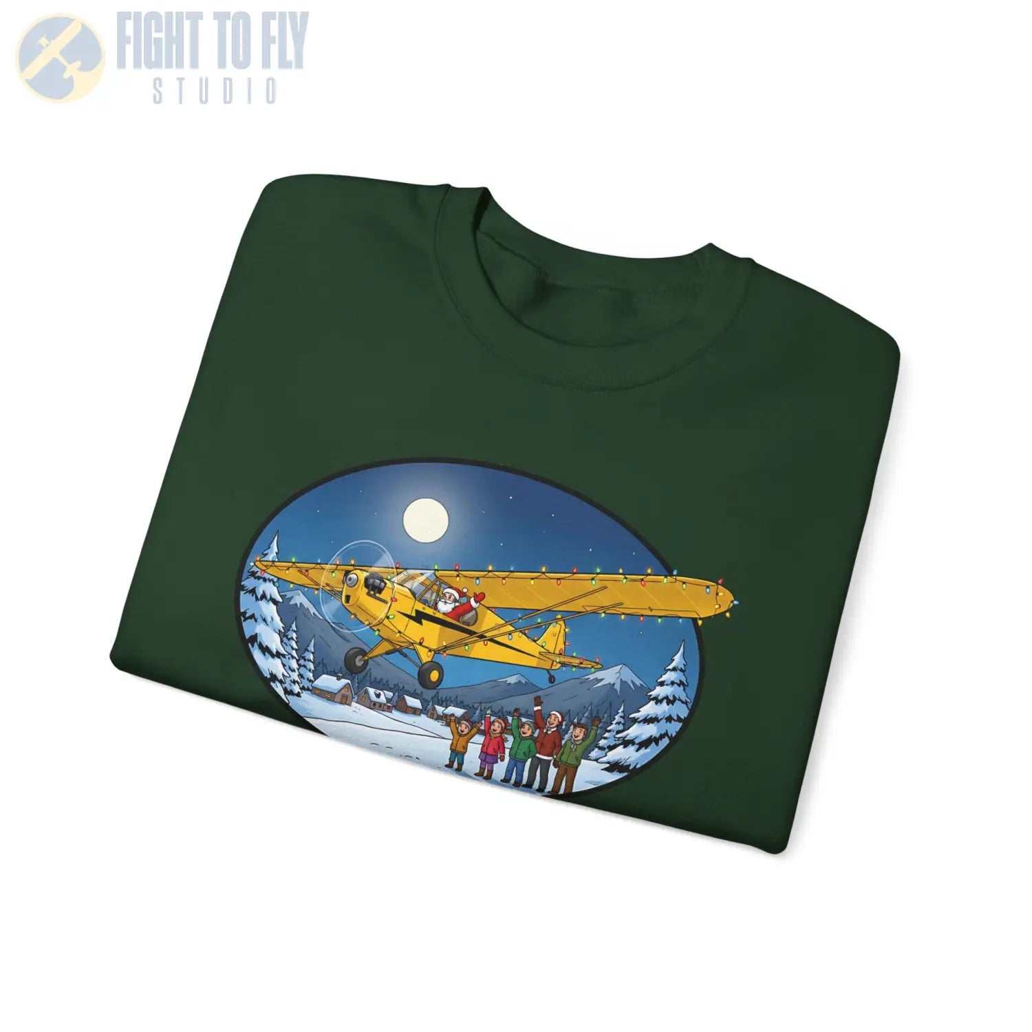 Piper Cub with Santa at the Controls – Holiday Sweater - Sweatshirt - Pilot gifts - WWII warbird t-shirt