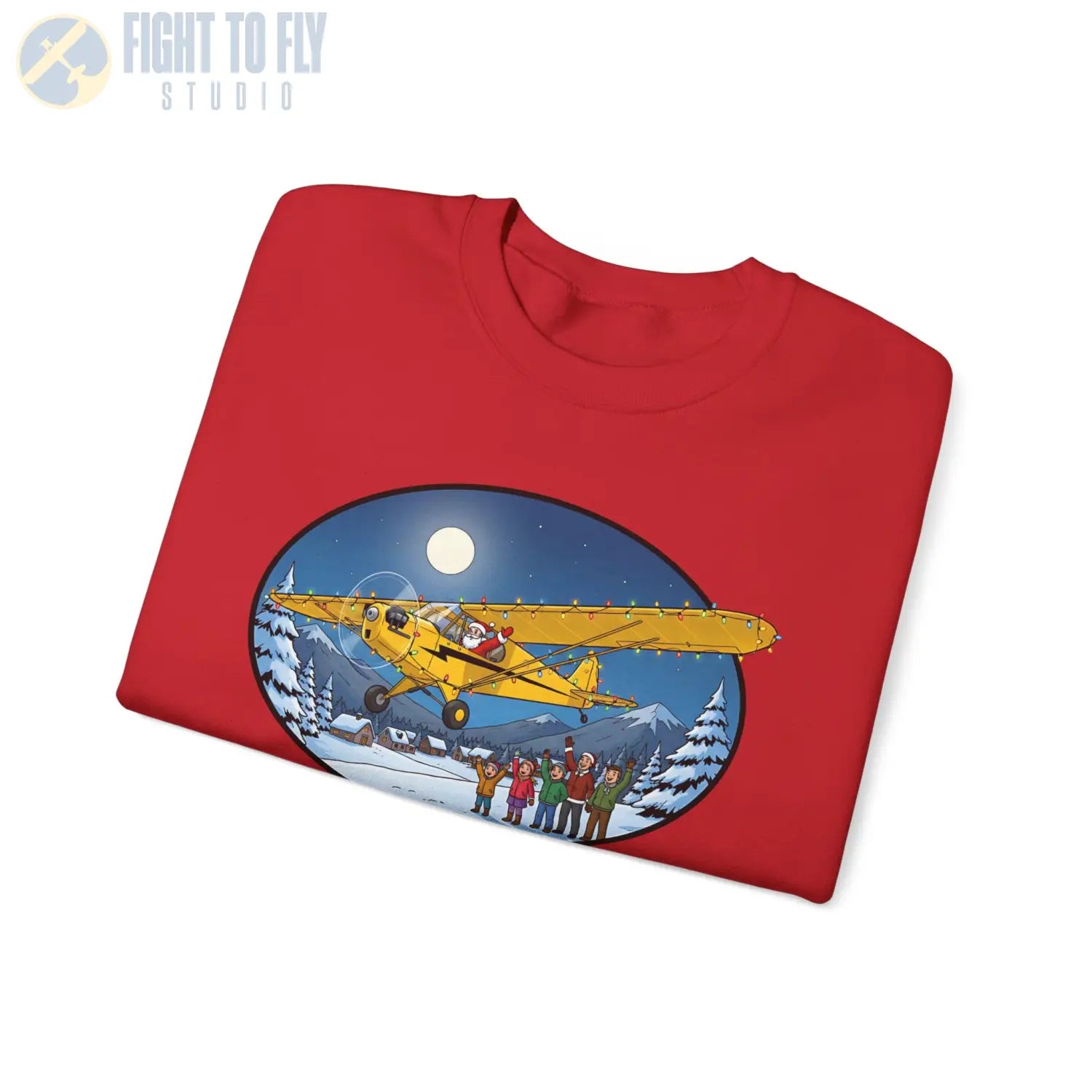 Piper Cub with Santa at the Controls – Holiday Sweater - Sweatshirt - Pilot gifts - WWII warbird t-shirt