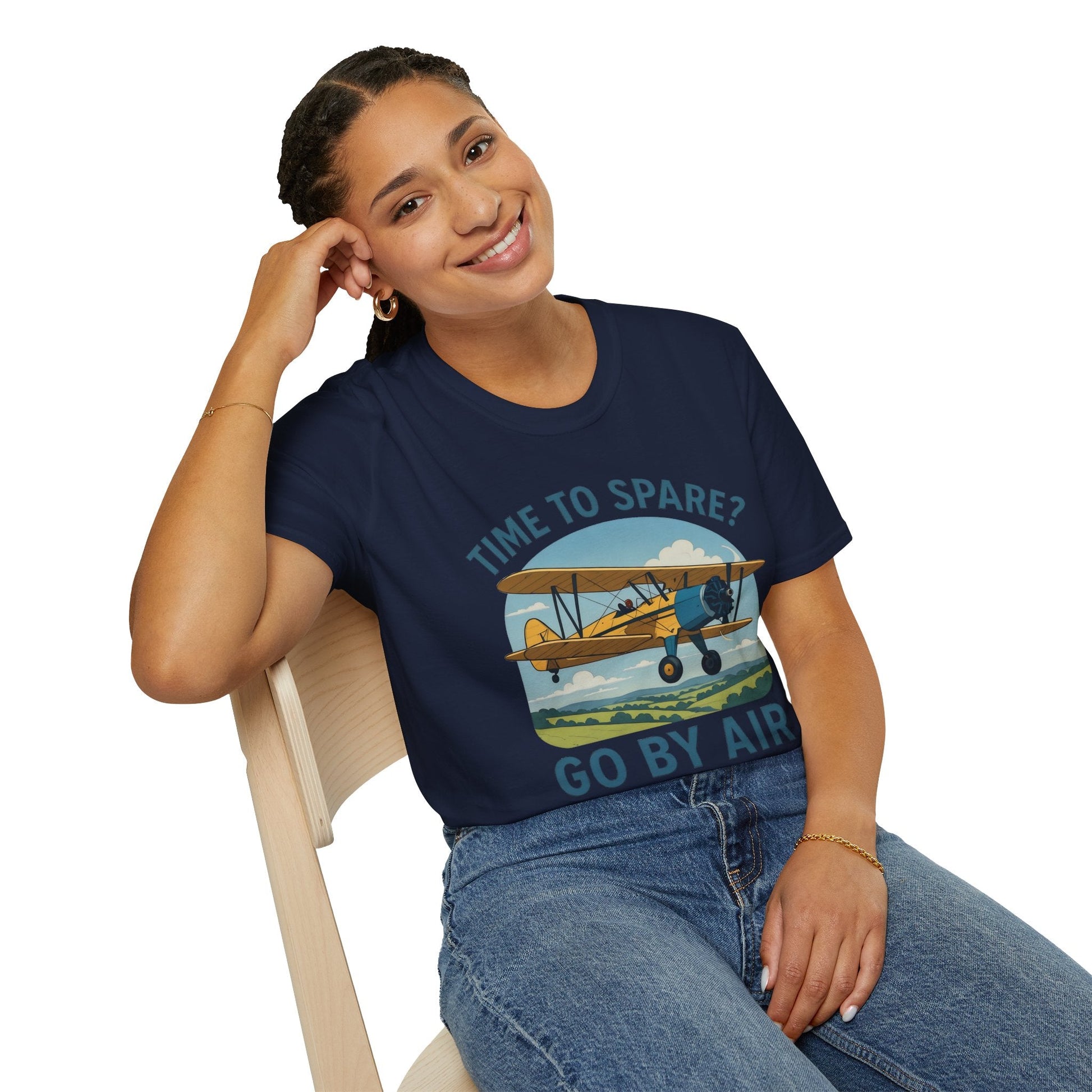 Stearman Premium T-Shirt – “Time to Spare? Go by Air” Biplane Vintage Tee - Pilot gifts - WWII warbird t-shirt