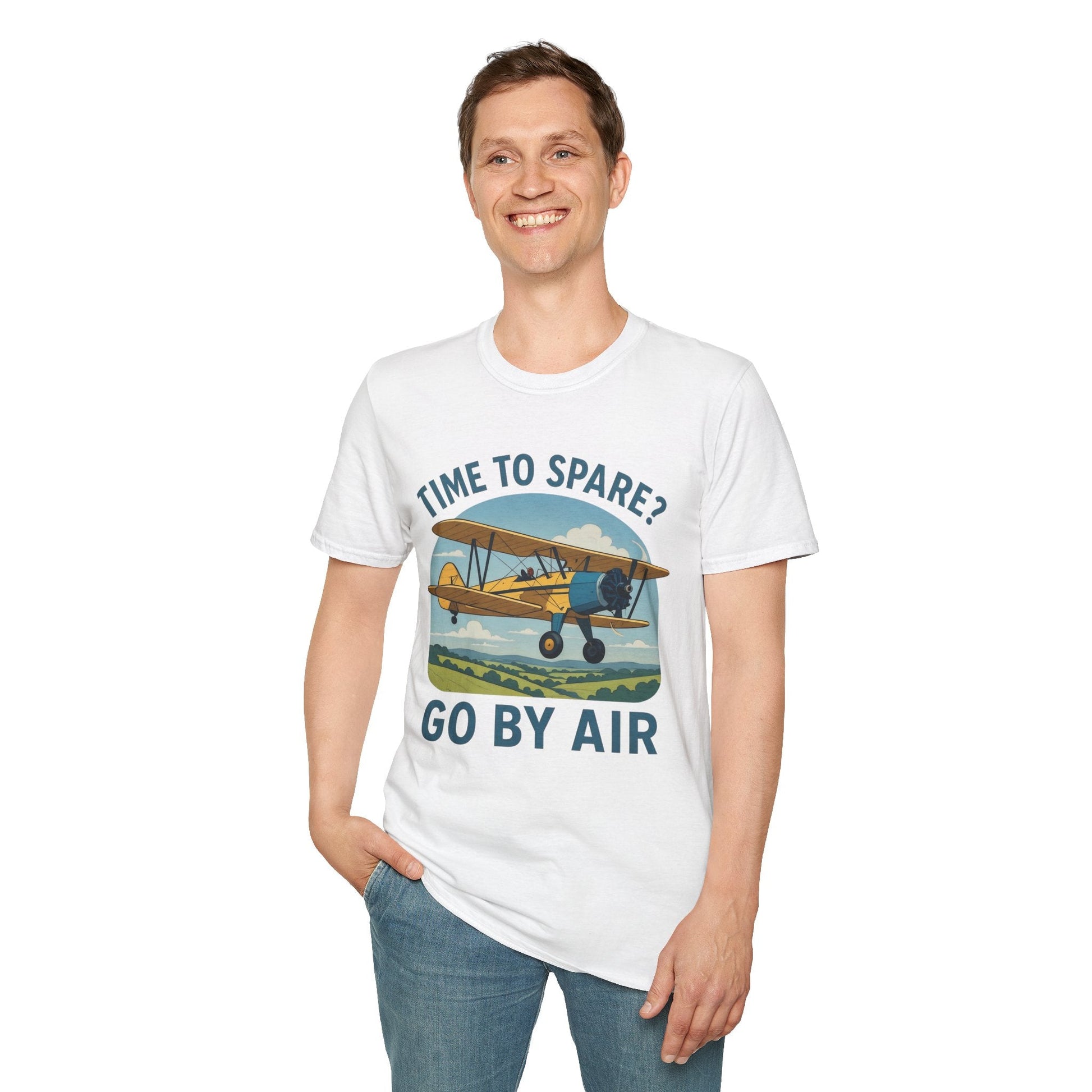Stearman Premium T-Shirt – “Time to Spare? Go by Air” Biplane Vintage Tee - Pilot gifts - WWII warbird t-shirt